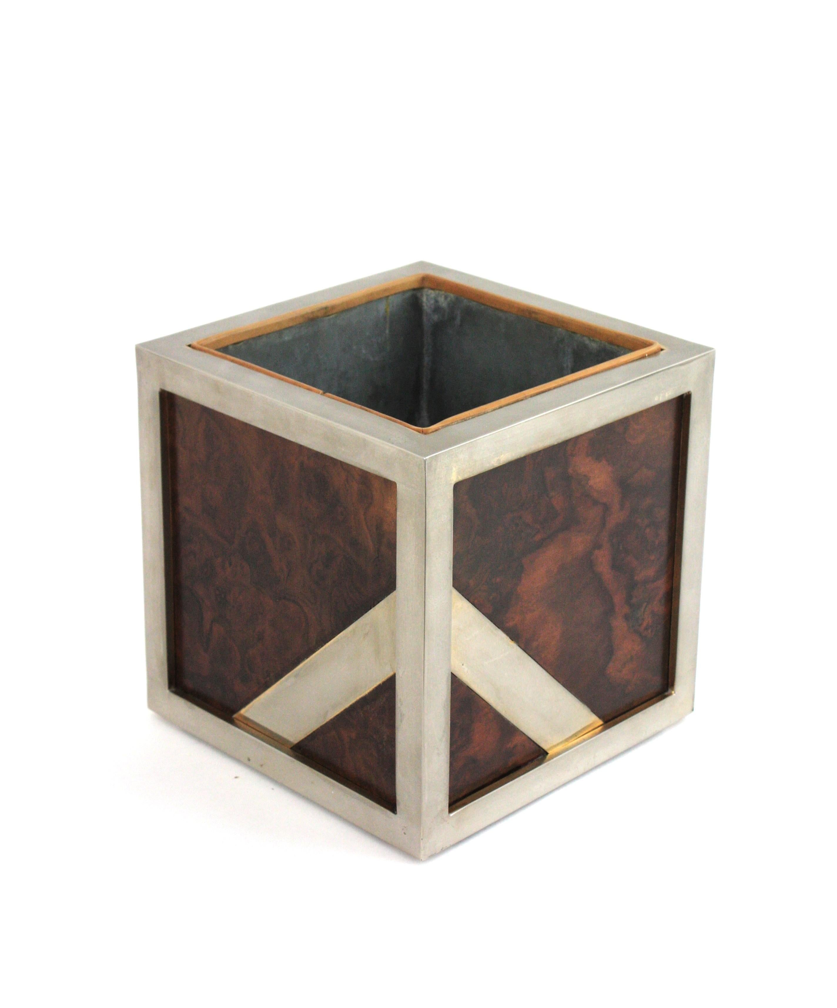 Spanish Valentí Burl Walnut and Chrome Ice Bucket Wine Cooler, Spain 1970 For Sale