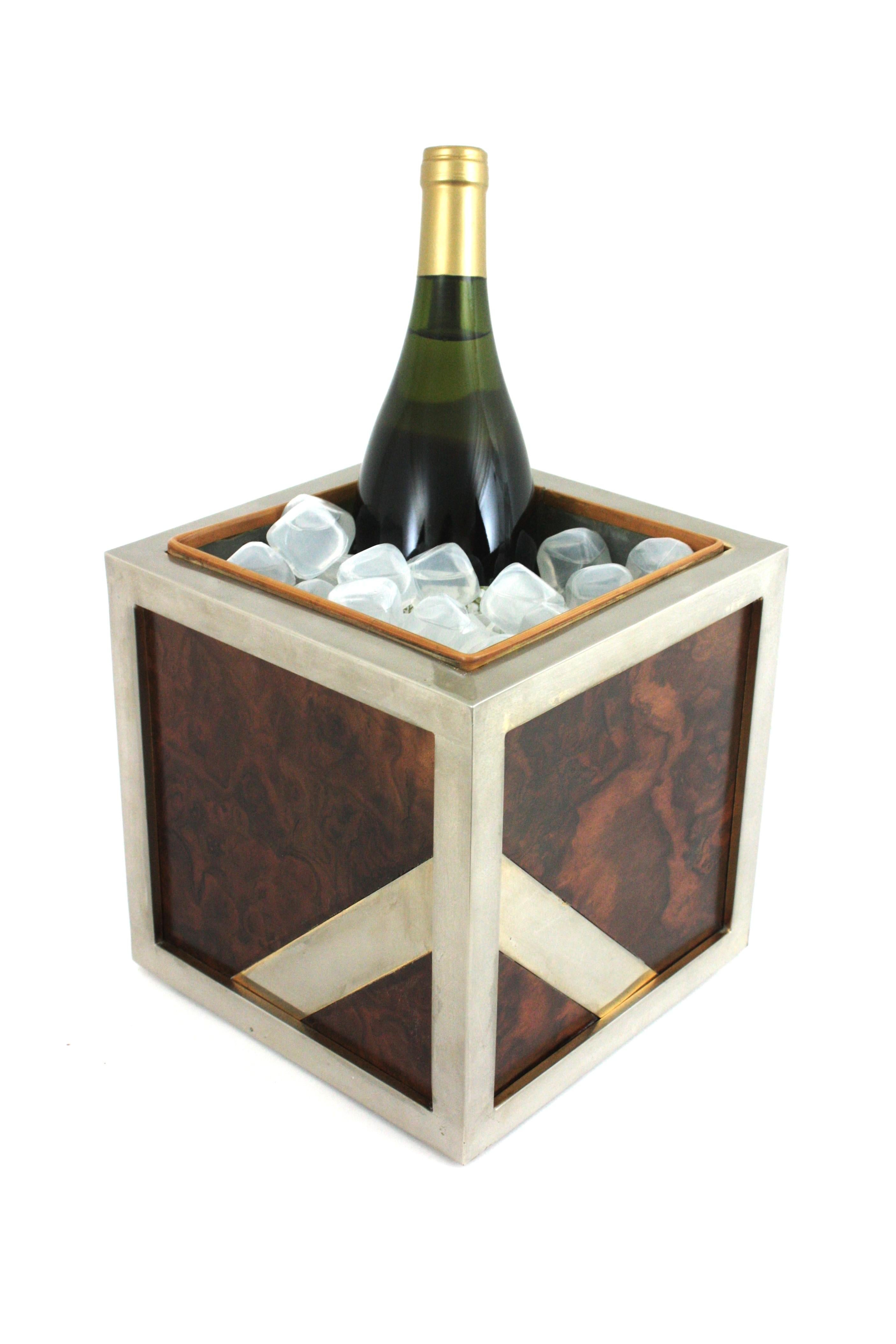 Hand-Crafted Valentí Burl Walnut and Chrome Ice Bucket Wine Cooler, Spain 1970 For Sale