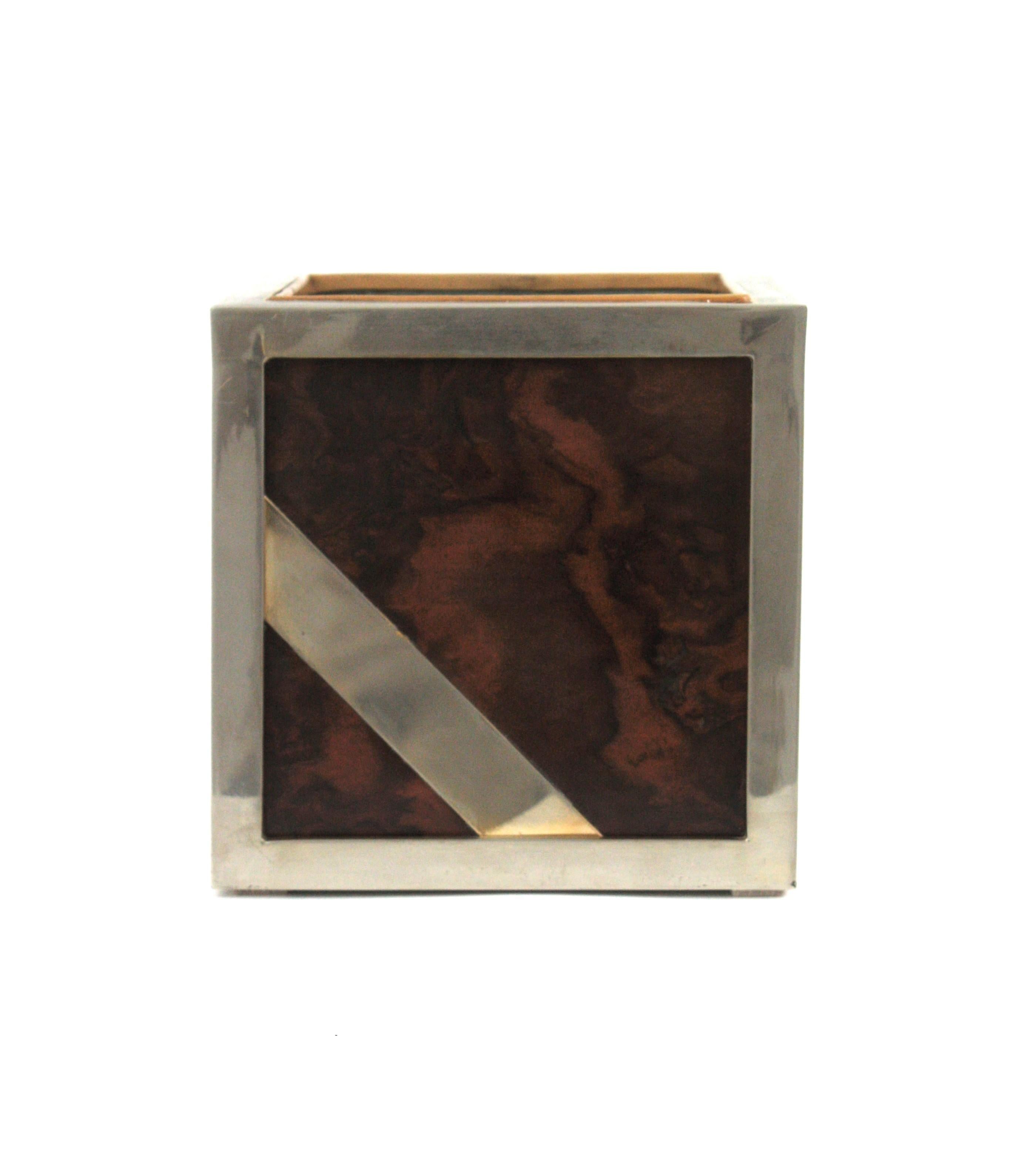 Valentí Burl Walnut and Chrome Ice Bucket Wine Cooler, Spain 1970 In Good Condition For Sale In Barcelona, ES