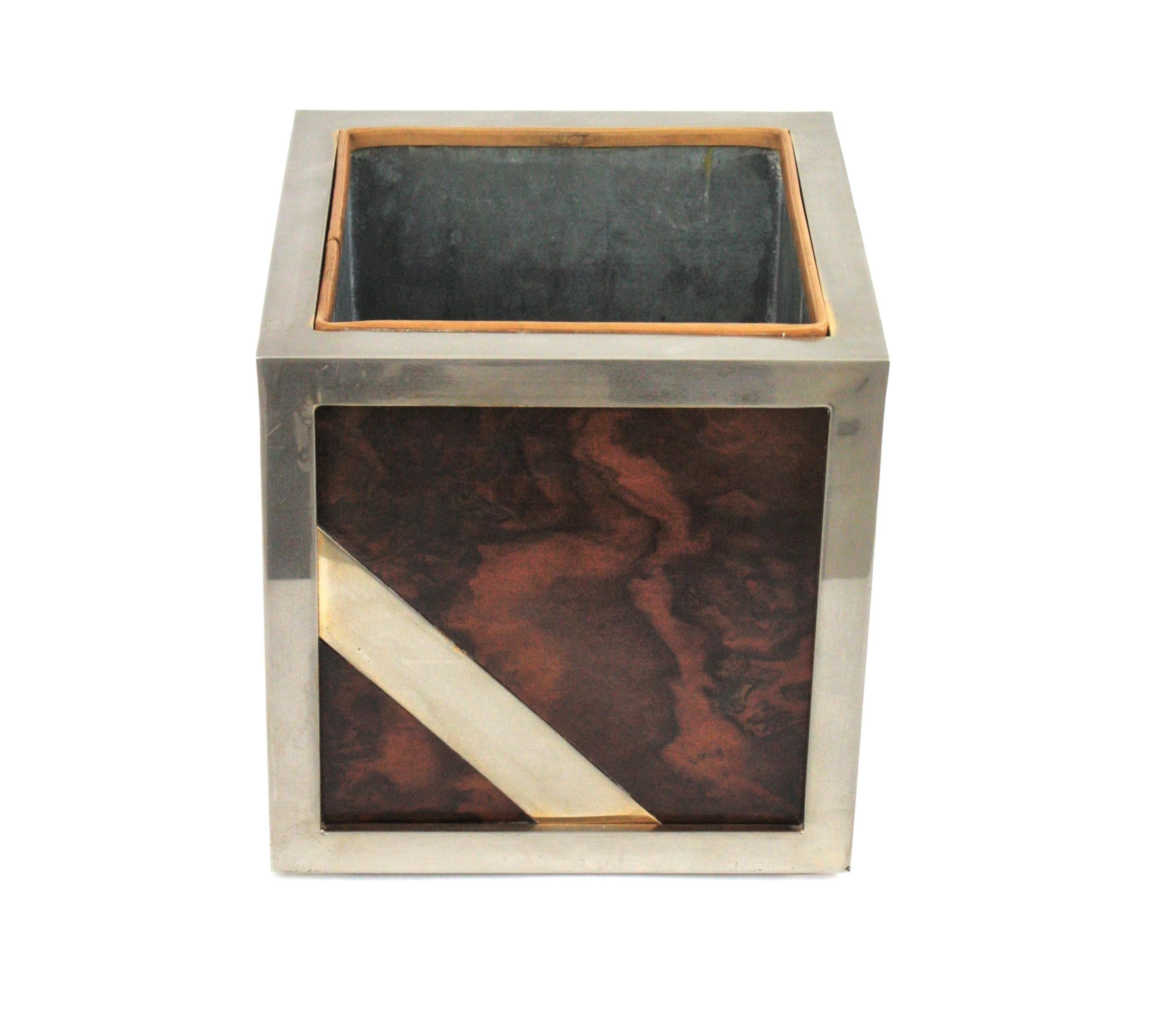 20th Century Valentí Burl Walnut and Chrome Ice Bucket Wine Cooler, Spain 1970 For Sale
