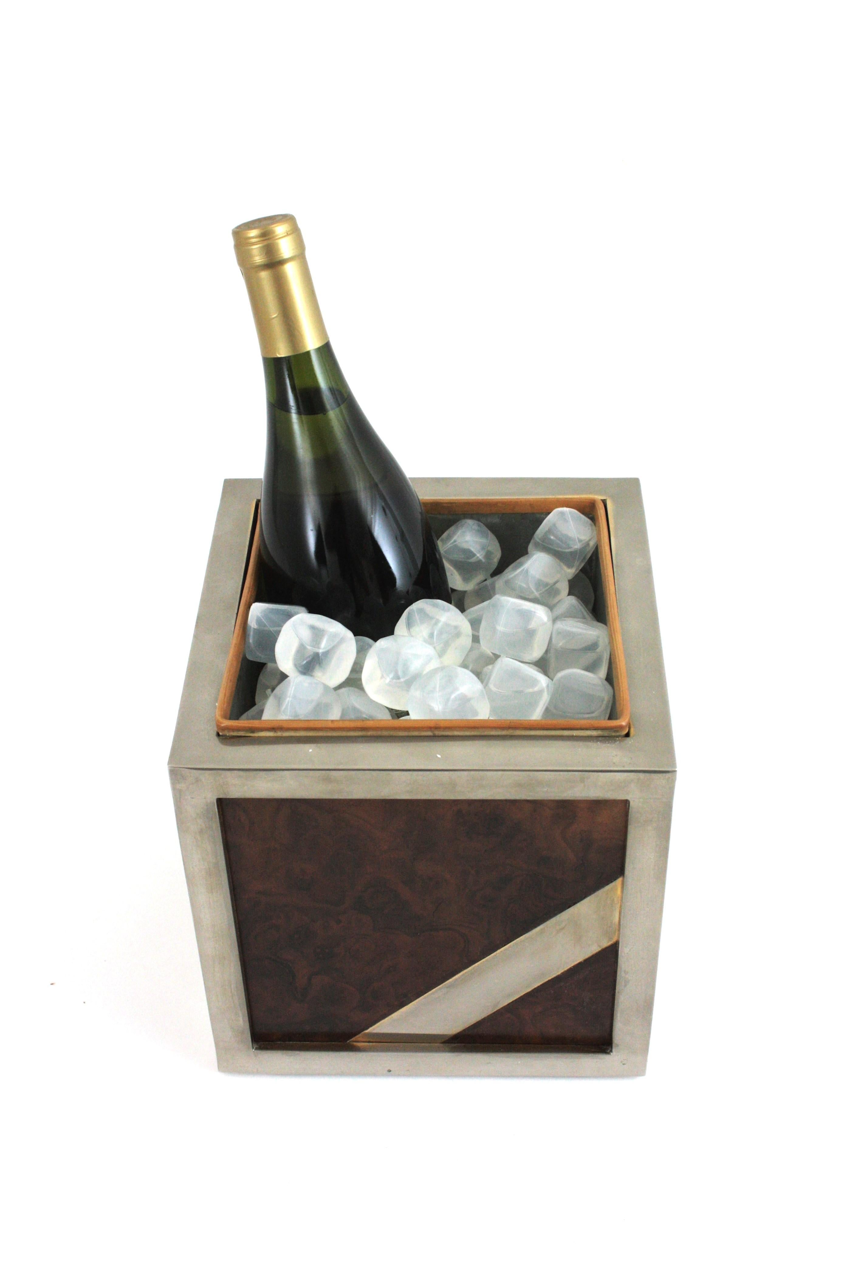 Steel Valentí Burl Walnut and Chrome Ice Bucket Wine Cooler, Spain 1970 For Sale