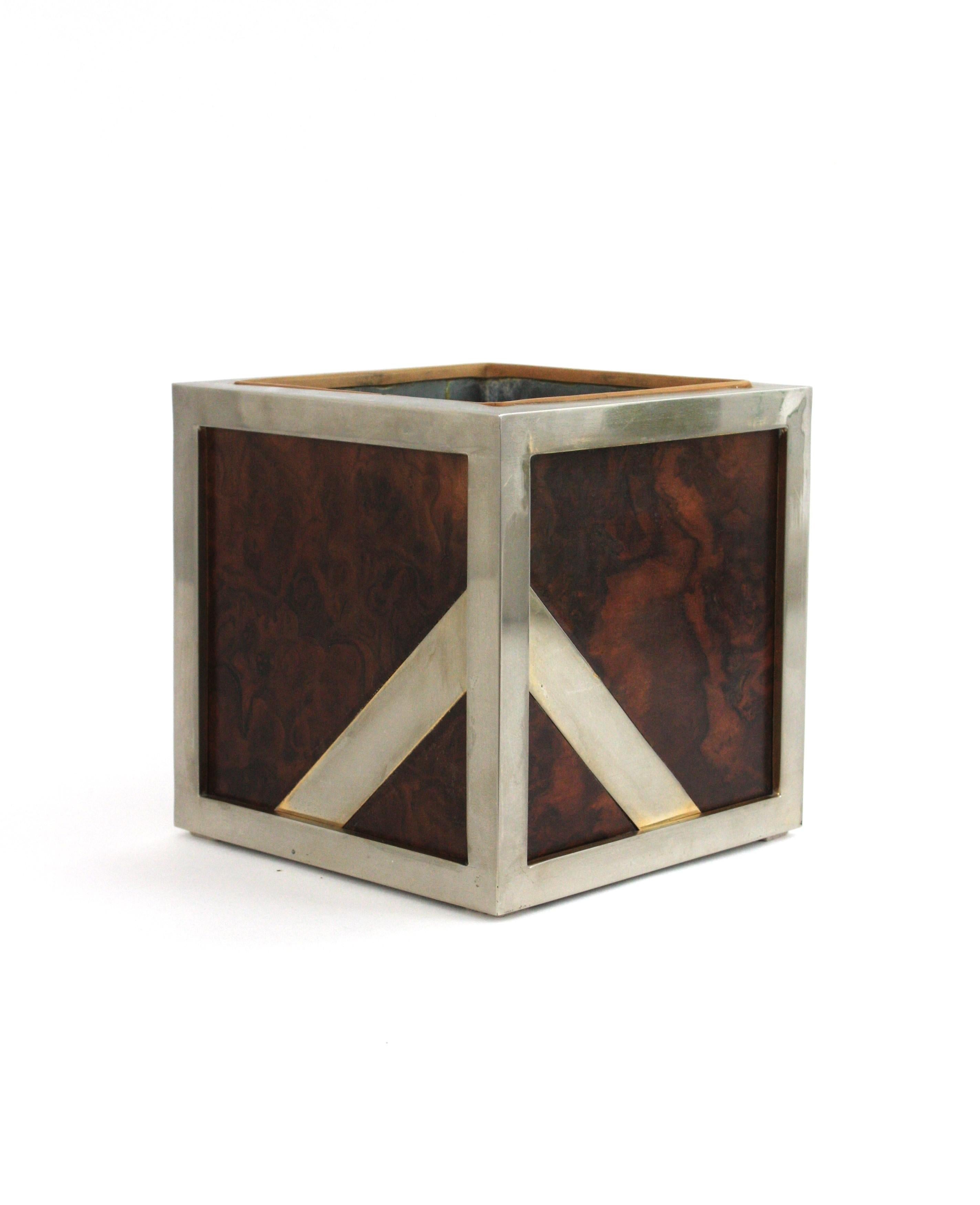 Valentí Burl Walnut and Chrome Ice Bucket Wine Cooler, Spain 1970 For Sale 1