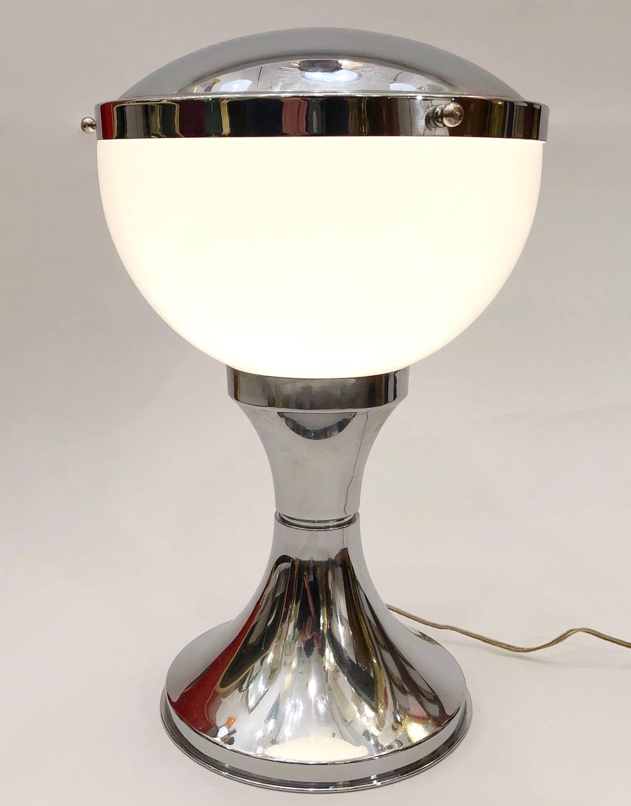 Italian design mid-century modern rare table lamp, space age mushroom shape, signed by Valenti & C., Milan. This light ideal for a desk light source has a very sleek shape, the white glass allows for plenty of illumination and the nickel finish adds