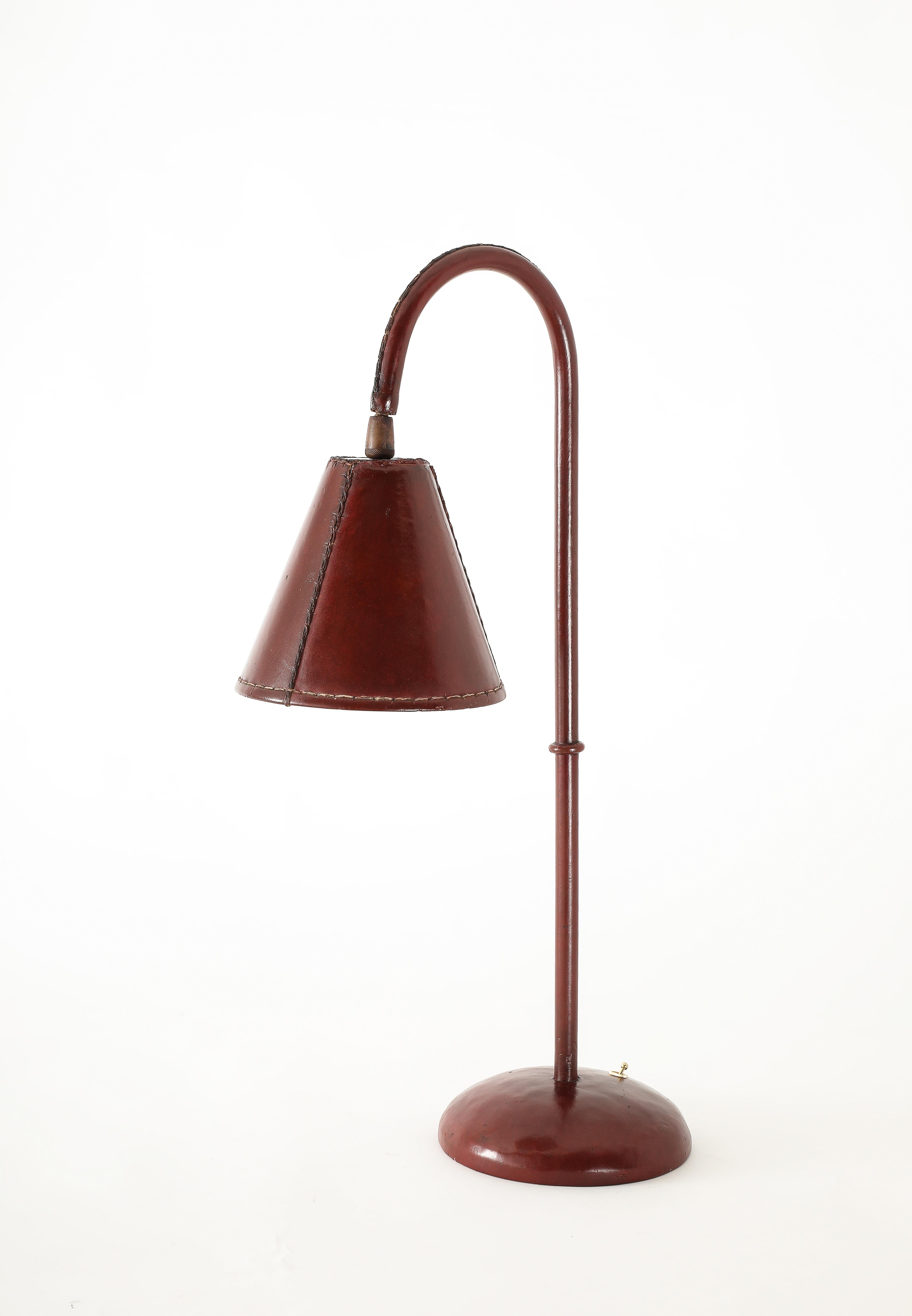 Spanish Valenti Desk Lamp in Burgundy Leather, Spain 1960's For Sale