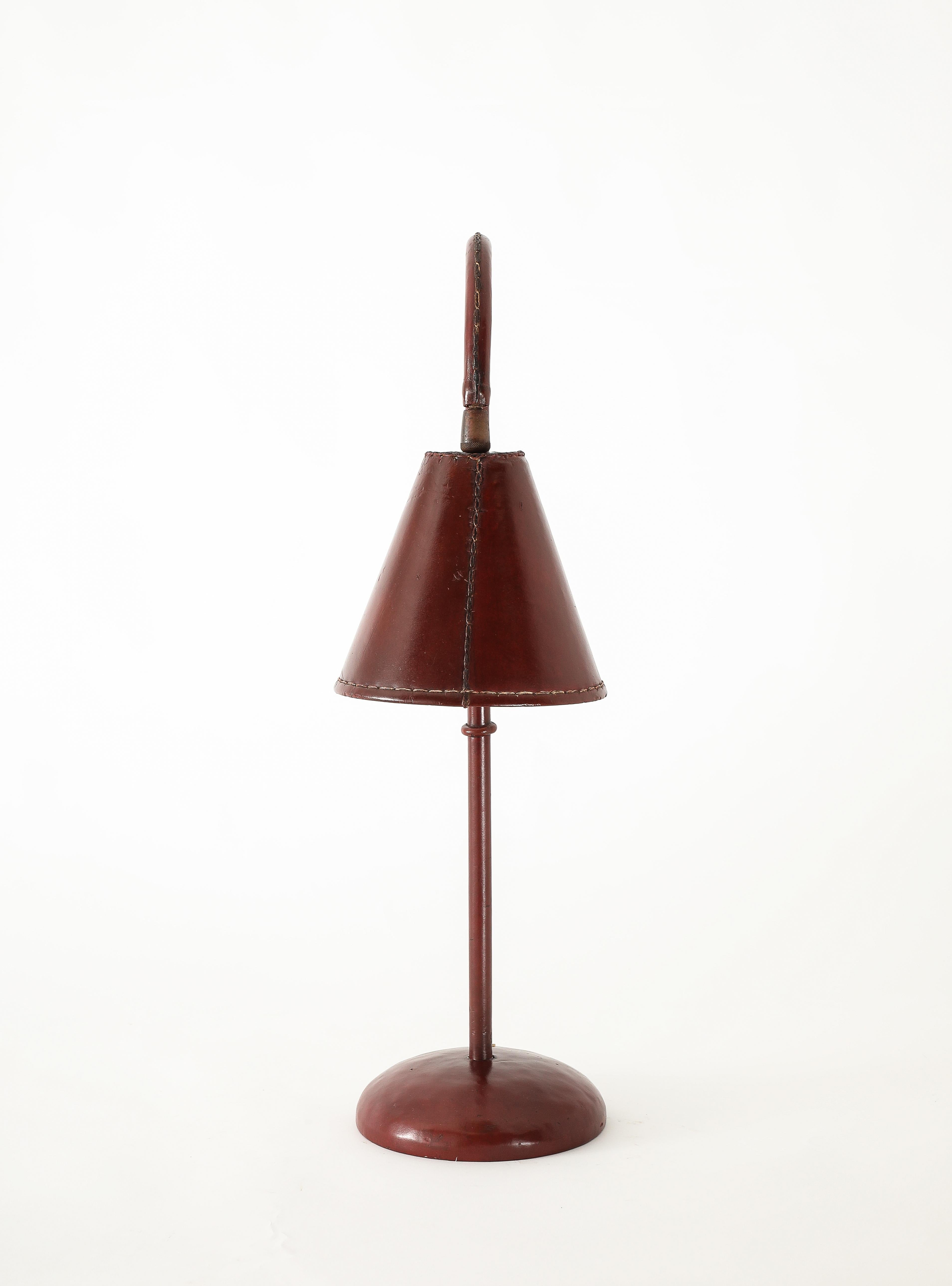 Brass Valenti Desk Lamp in Burgundy Leather, Spain 1960's For Sale
