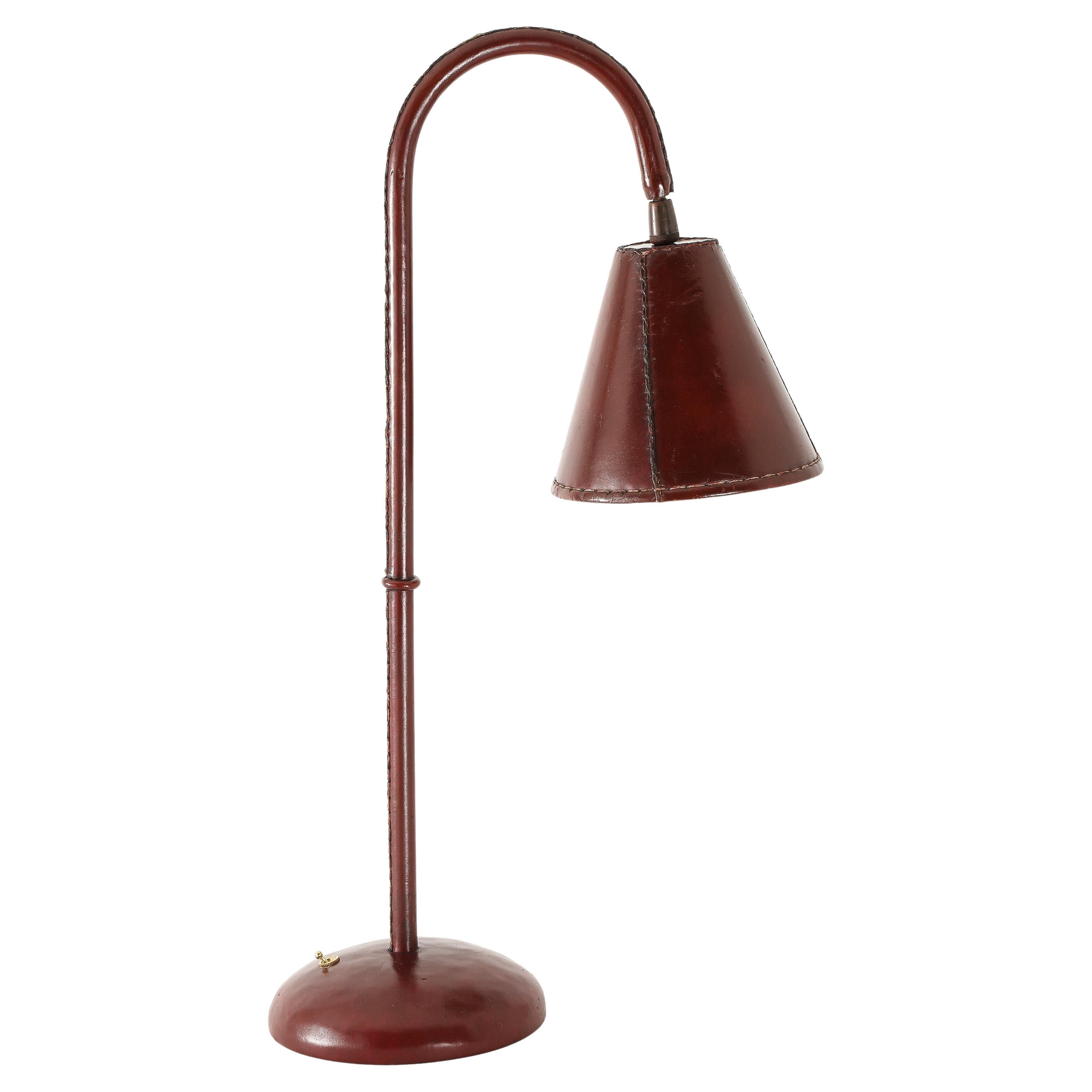 Valenti Desk Lamp in Burgundy Leather, Spain 1960's For Sale