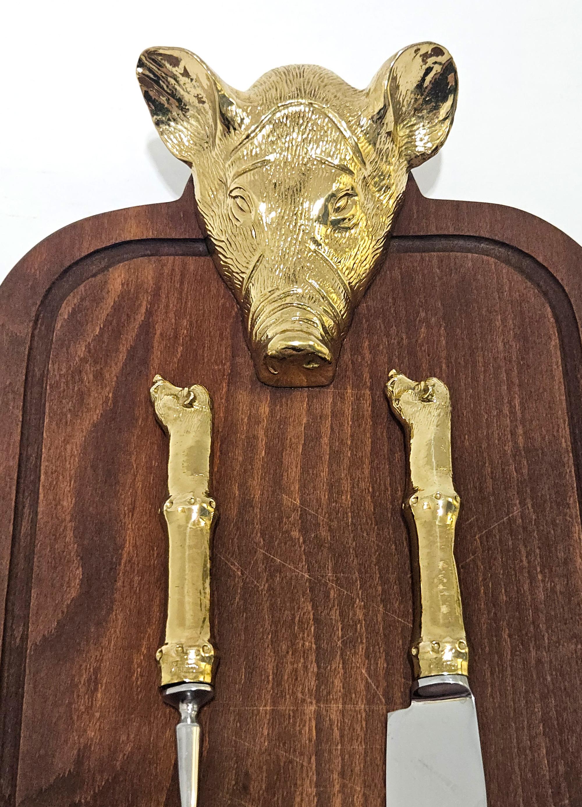 Spanish Valenti Gold Plated Wild Boar / Pig Mid Century Carving Set, Spain, c. 1970 For Sale