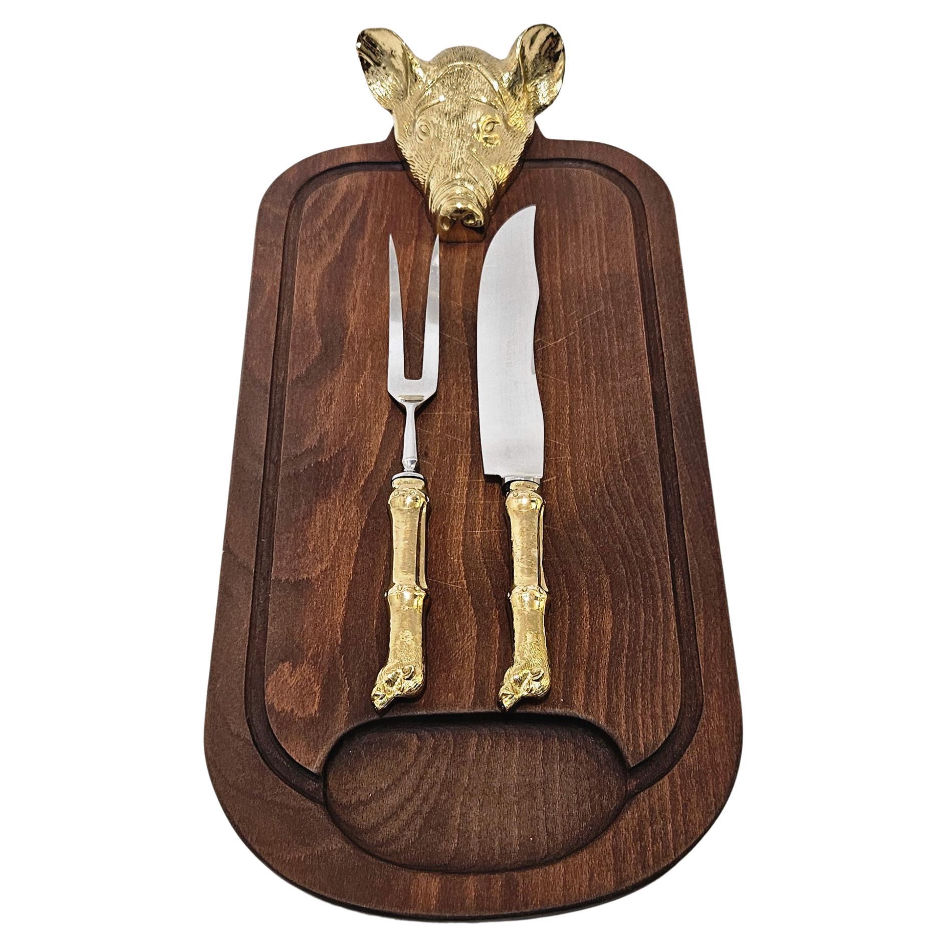 Valenti Gold Plated Wild Boar / Pig Mid Century Carving Set, Spain, c. 1970 For Sale