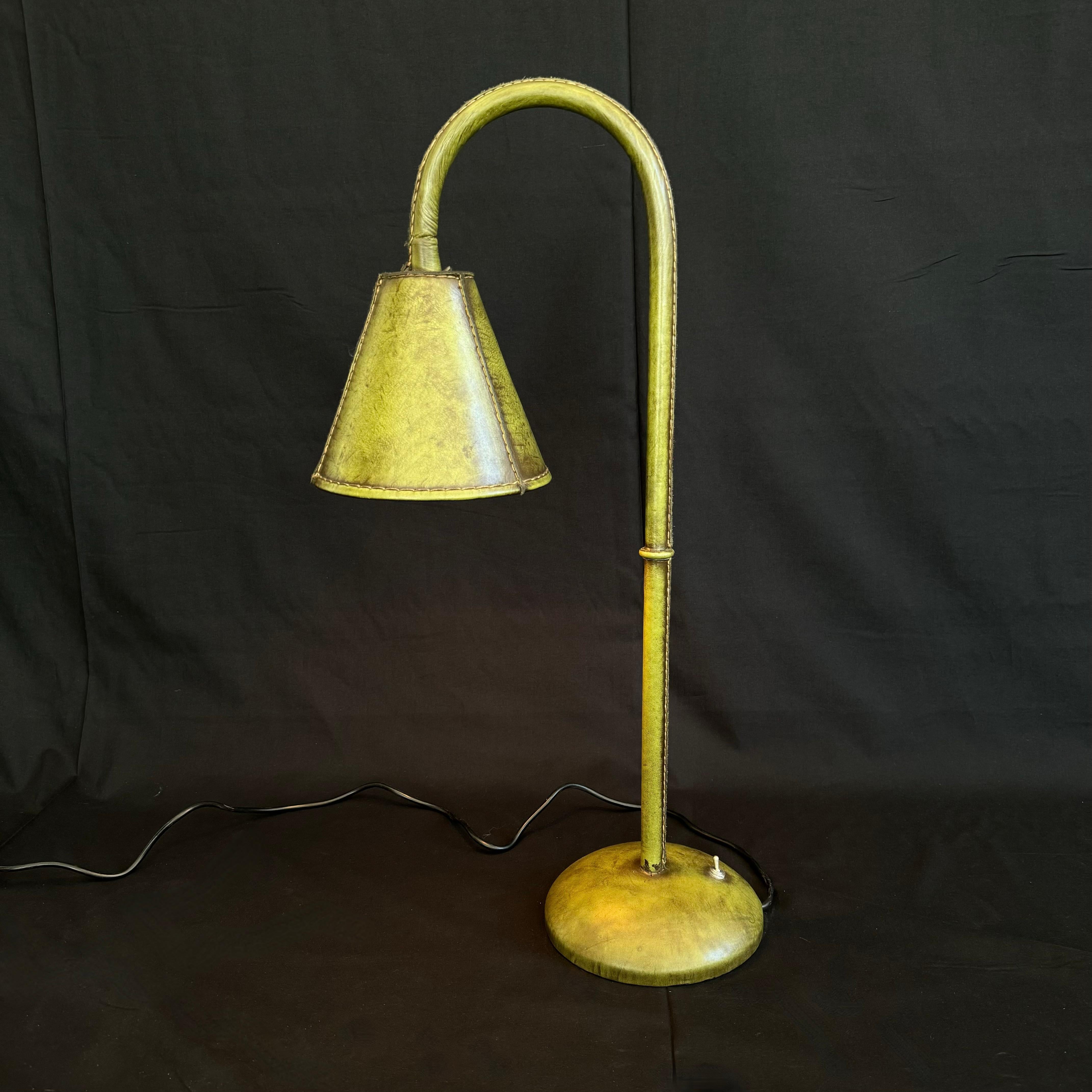 Green Leather Table Lamp in the Style of Jacques Adnet, 1970s Spain For Sale 3