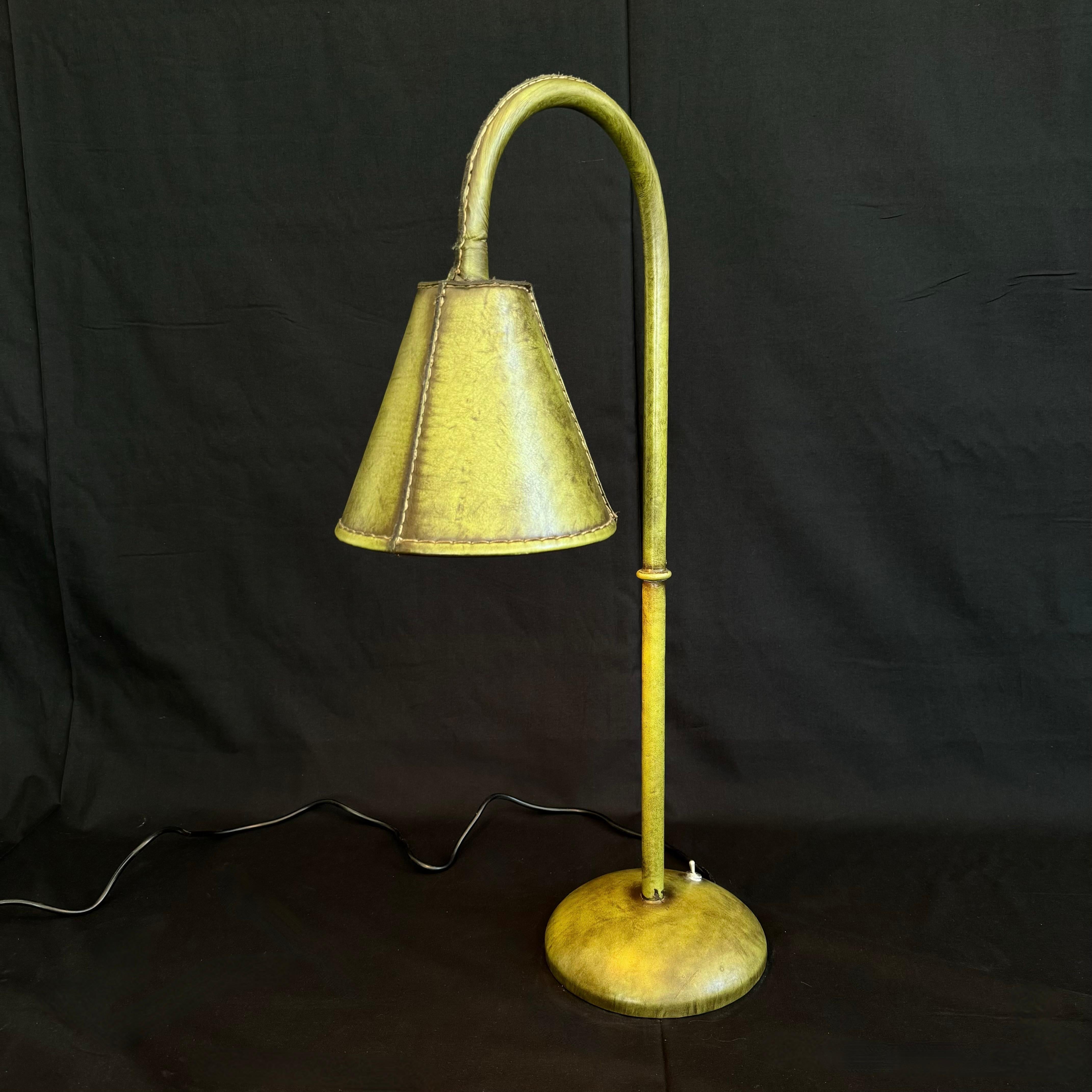 Green Leather Table Lamp in the Style of Jacques Adnet, 1970s Spain For Sale 4