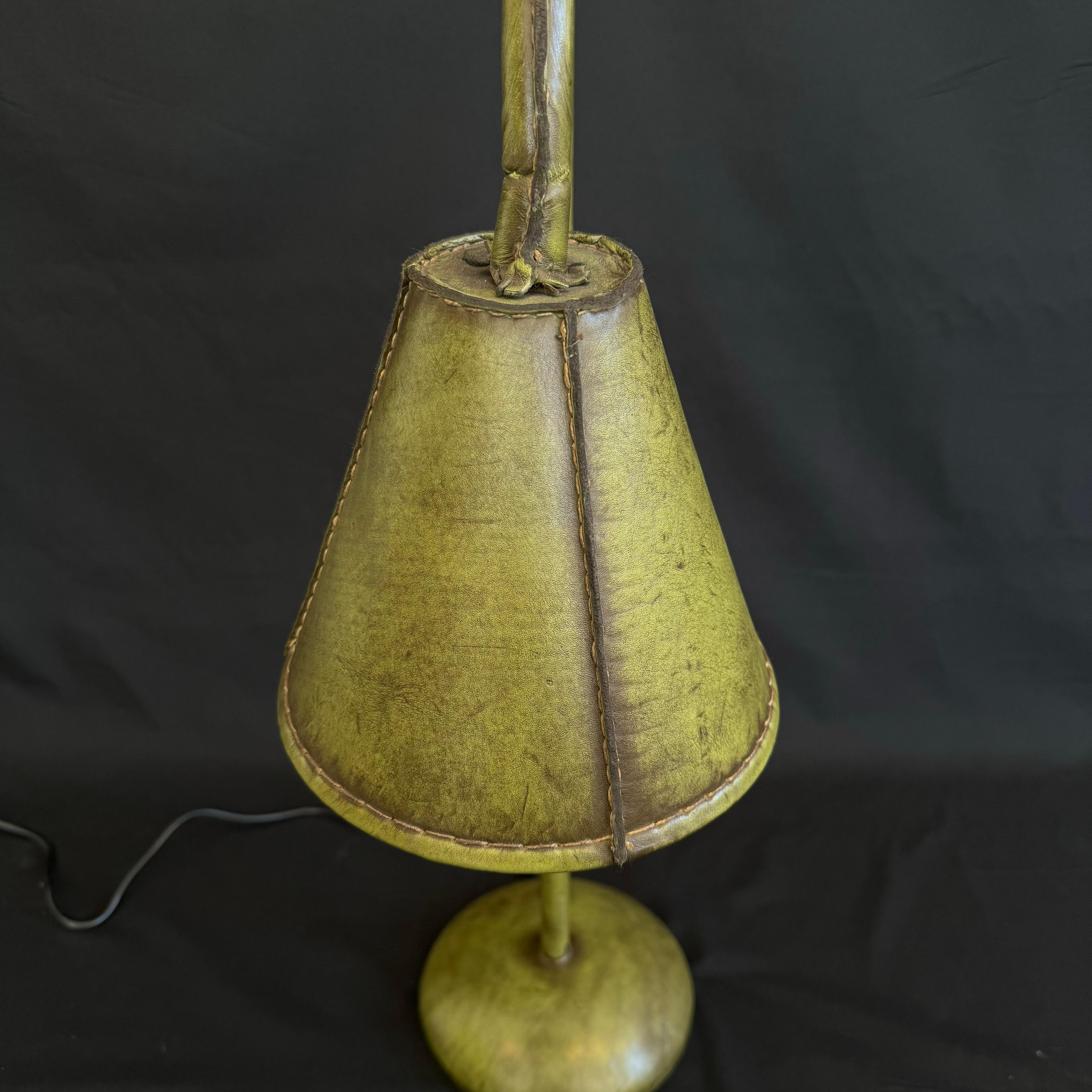 Mid-Century Modern Green Leather Table Lamp in the Style of Jacques Adnet, 1970s Spain For Sale