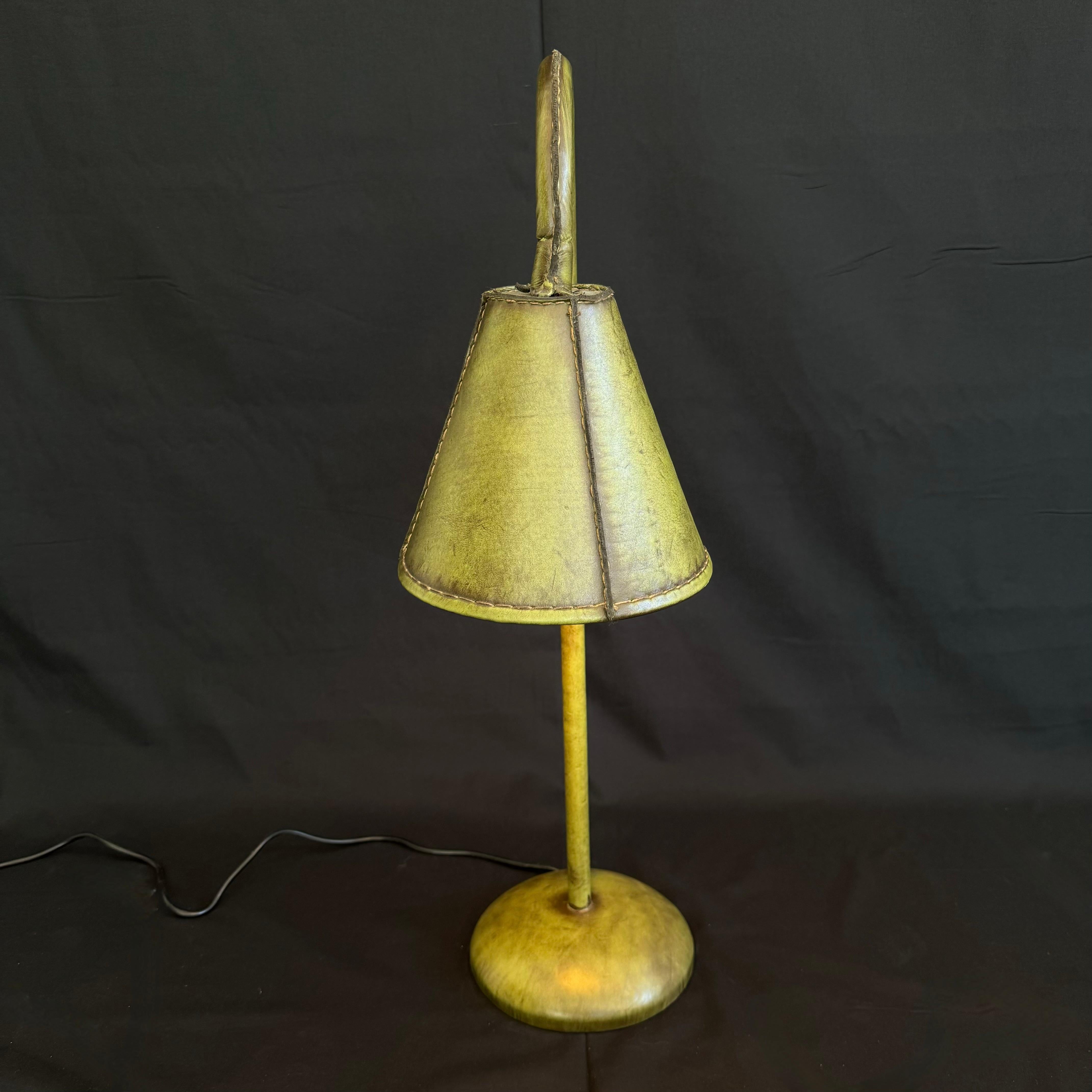 Spanish Green Leather Table Lamp in the Style of Jacques Adnet, 1970s Spain For Sale