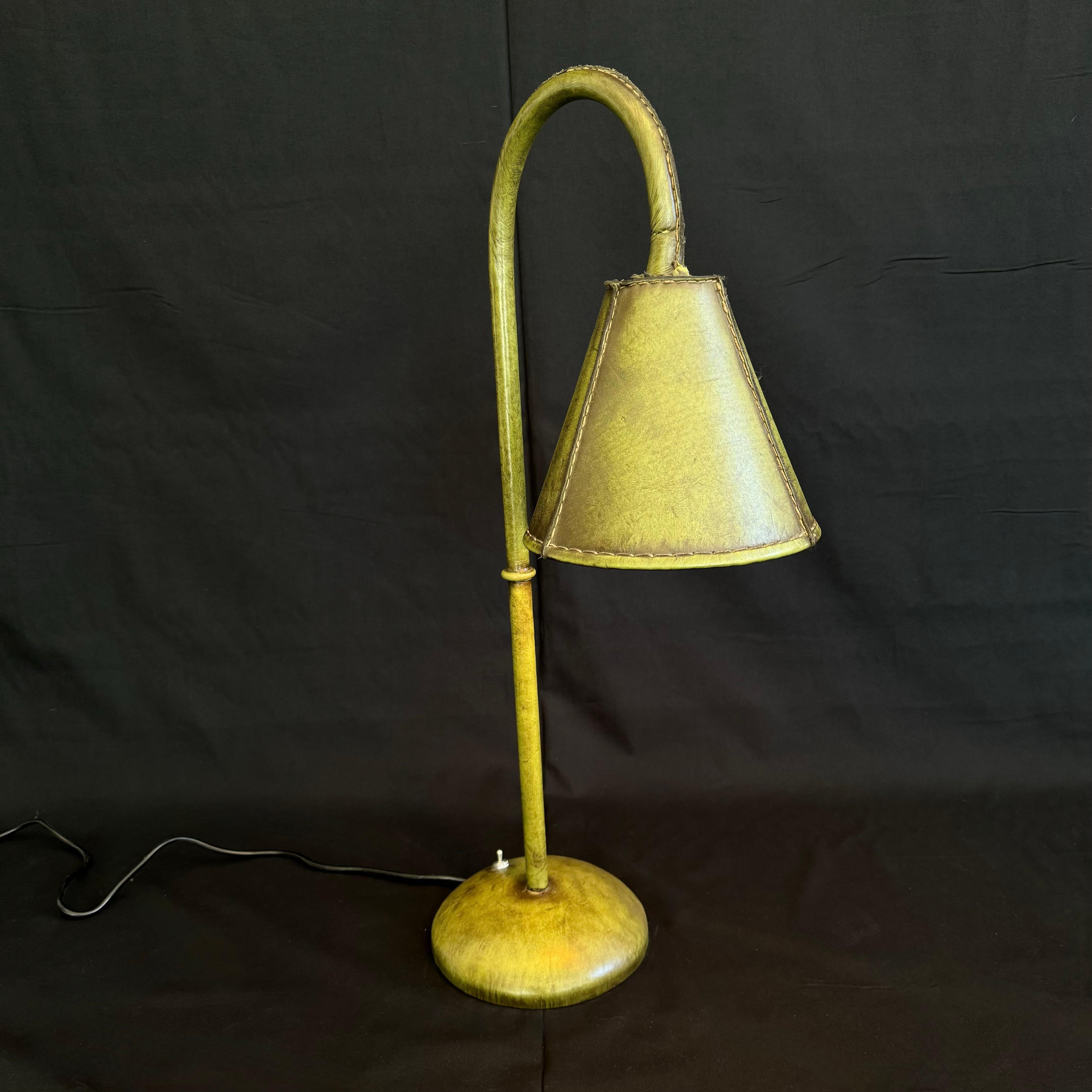 Green Leather Table Lamp in the Style of Jacques Adnet, 1970s Spain In Good Condition For Sale In Los Angeles, CA