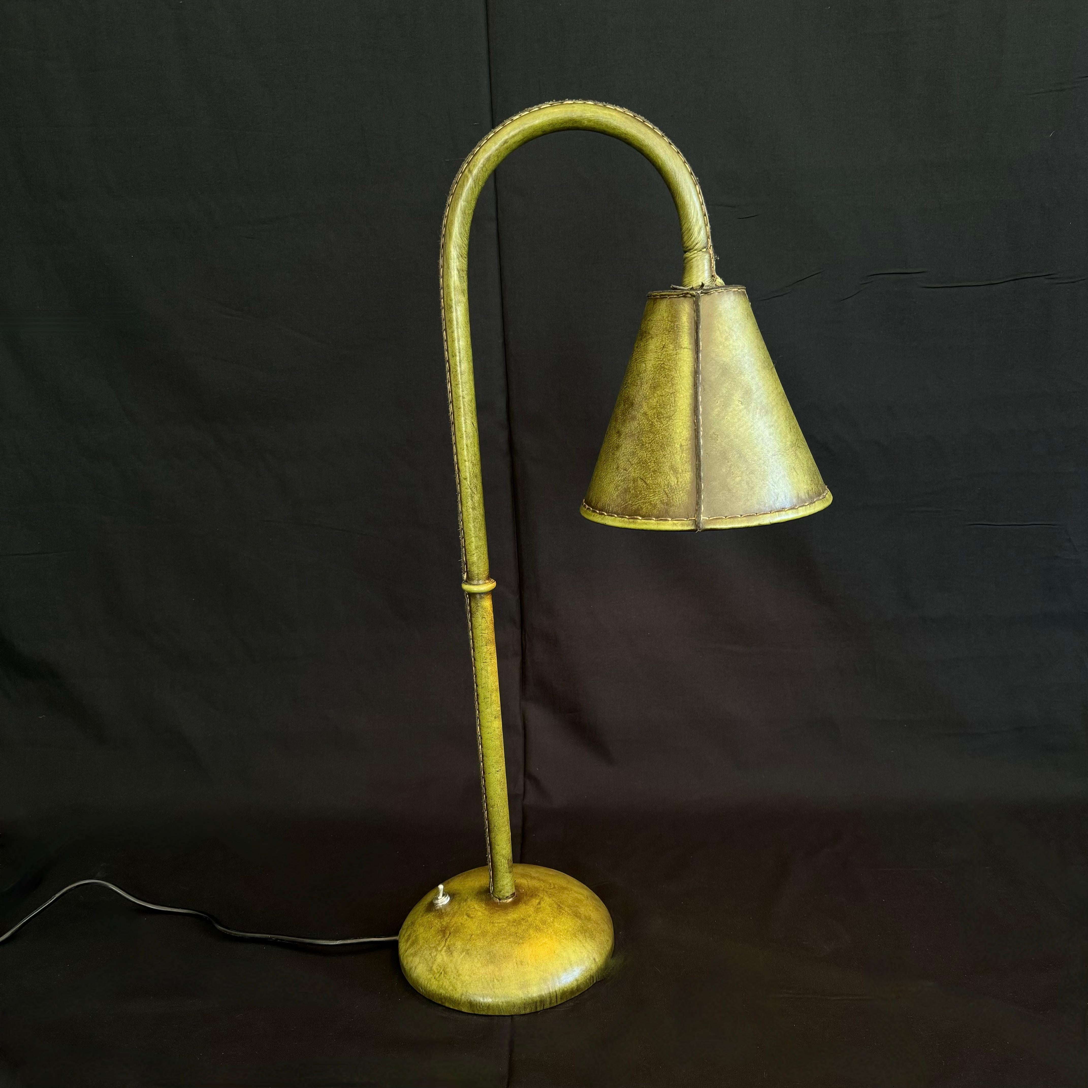 Late 20th Century Green Leather Table Lamp in the Style of Jacques Adnet, 1970s Spain For Sale