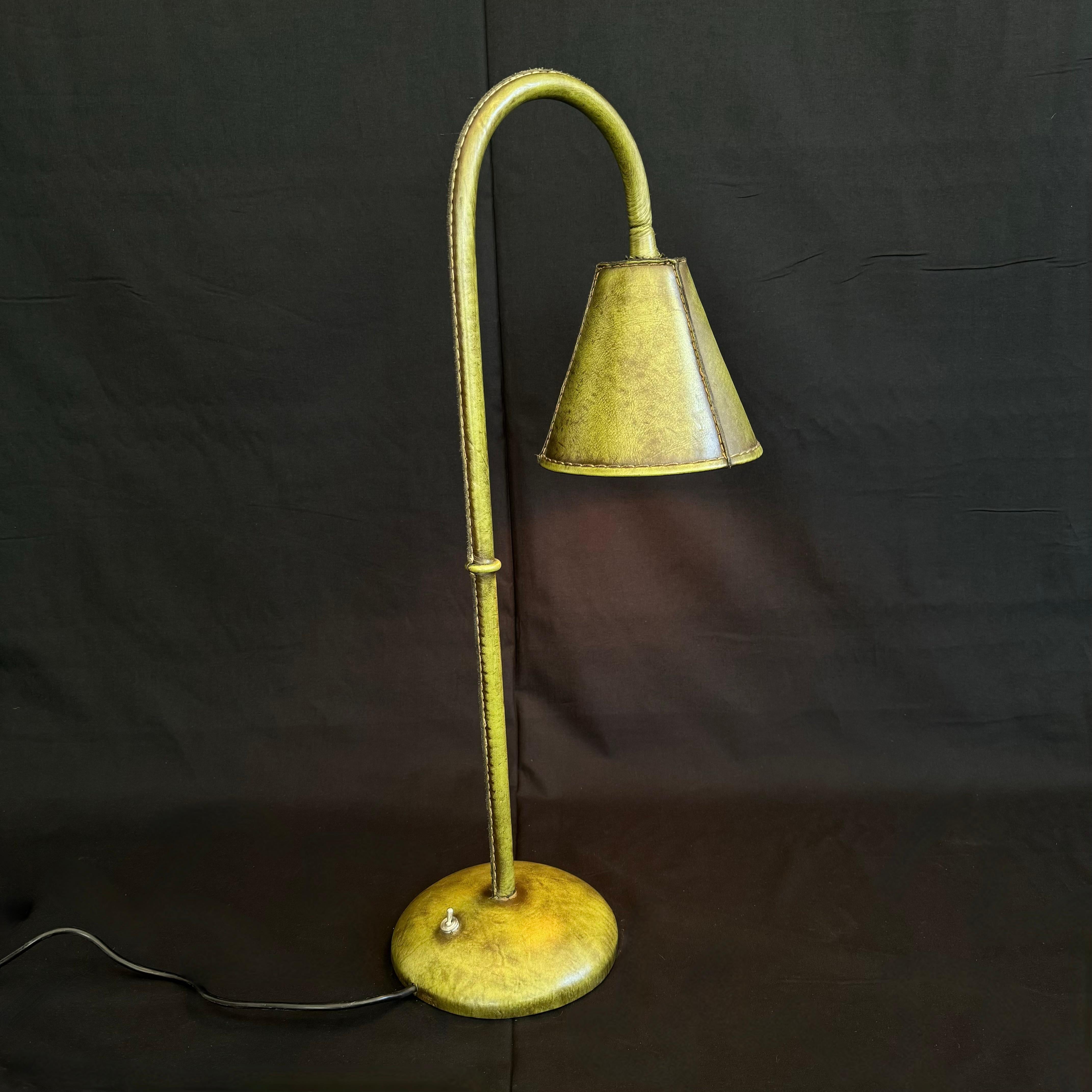 Metal Green Leather Table Lamp in the Style of Jacques Adnet, 1970s Spain For Sale