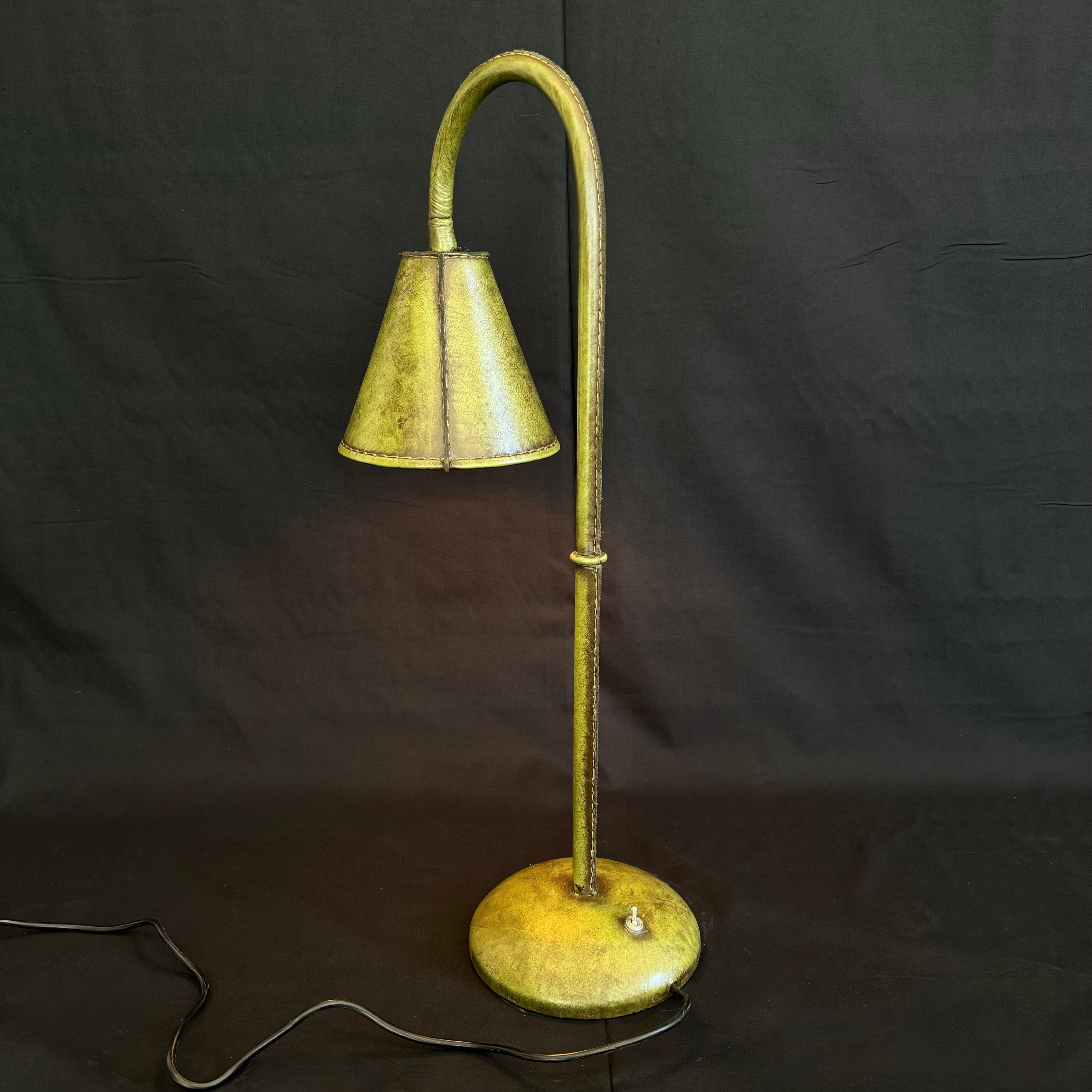 Green Leather Table Lamp in the Style of Jacques Adnet, 1970s Spain For Sale 2