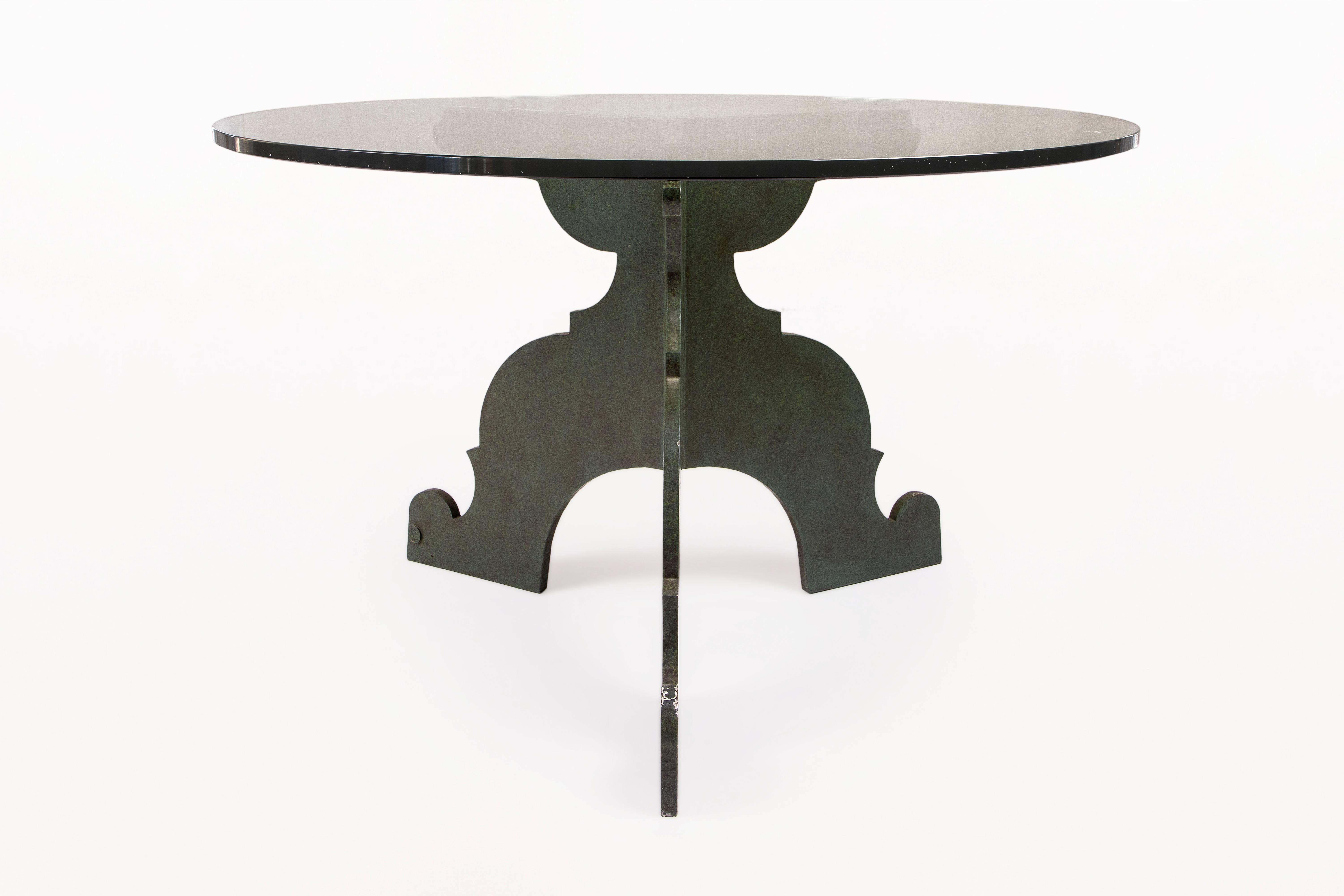 Valenti dining table
iron base and glass top
antique bronze finish
signed with Valenti stamp,
circa 1970s, Barcelona, Spain.
Very good vintage condition.