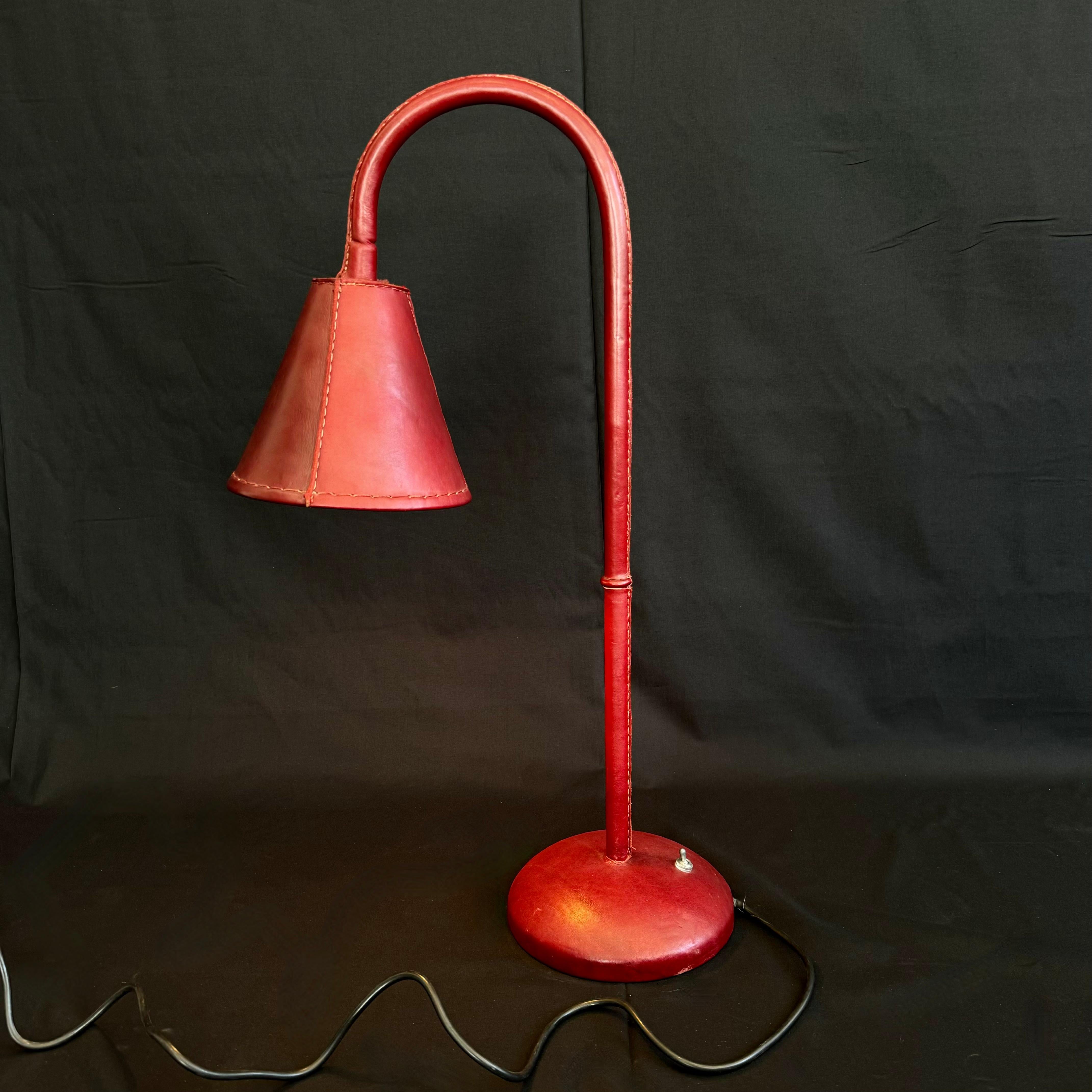 Oxblood Leather Table Lamp in the Style of Jacques Adnet, 1970s Spain For Sale 3