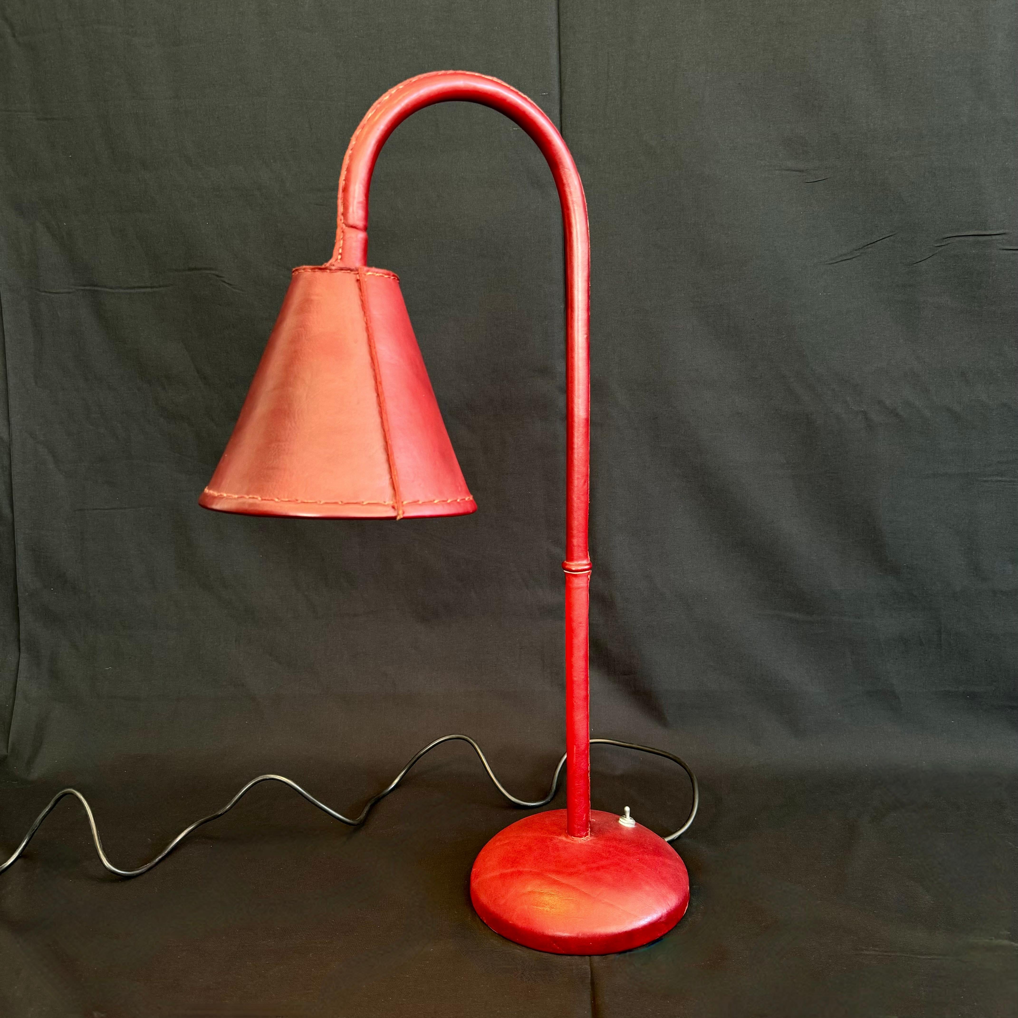 Oxblood Leather Table Lamp in the Style of Jacques Adnet, 1970s Spain For Sale 4