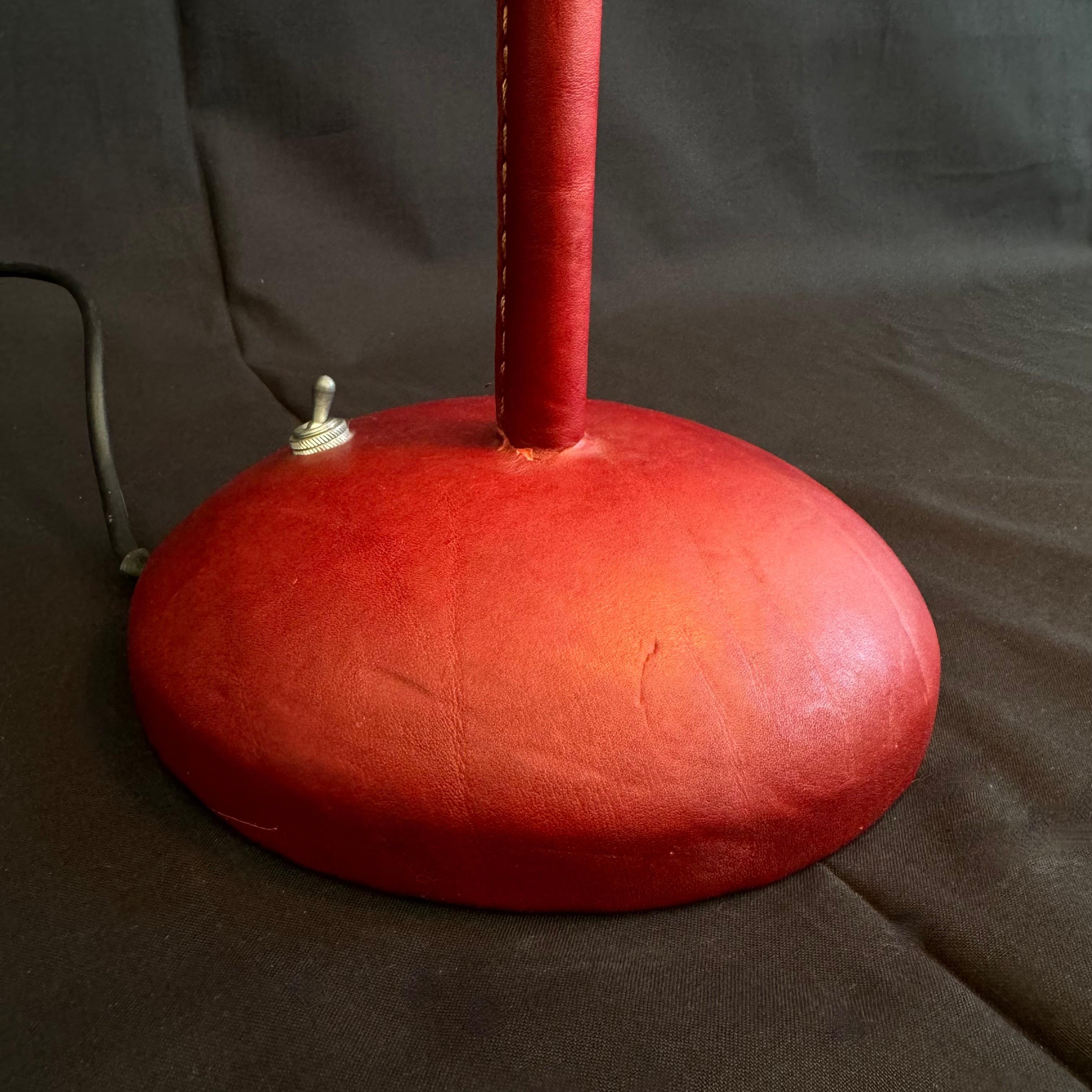 Oxblood Leather Table Lamp in the Style of Jacques Adnet, 1970s Spain For Sale 5