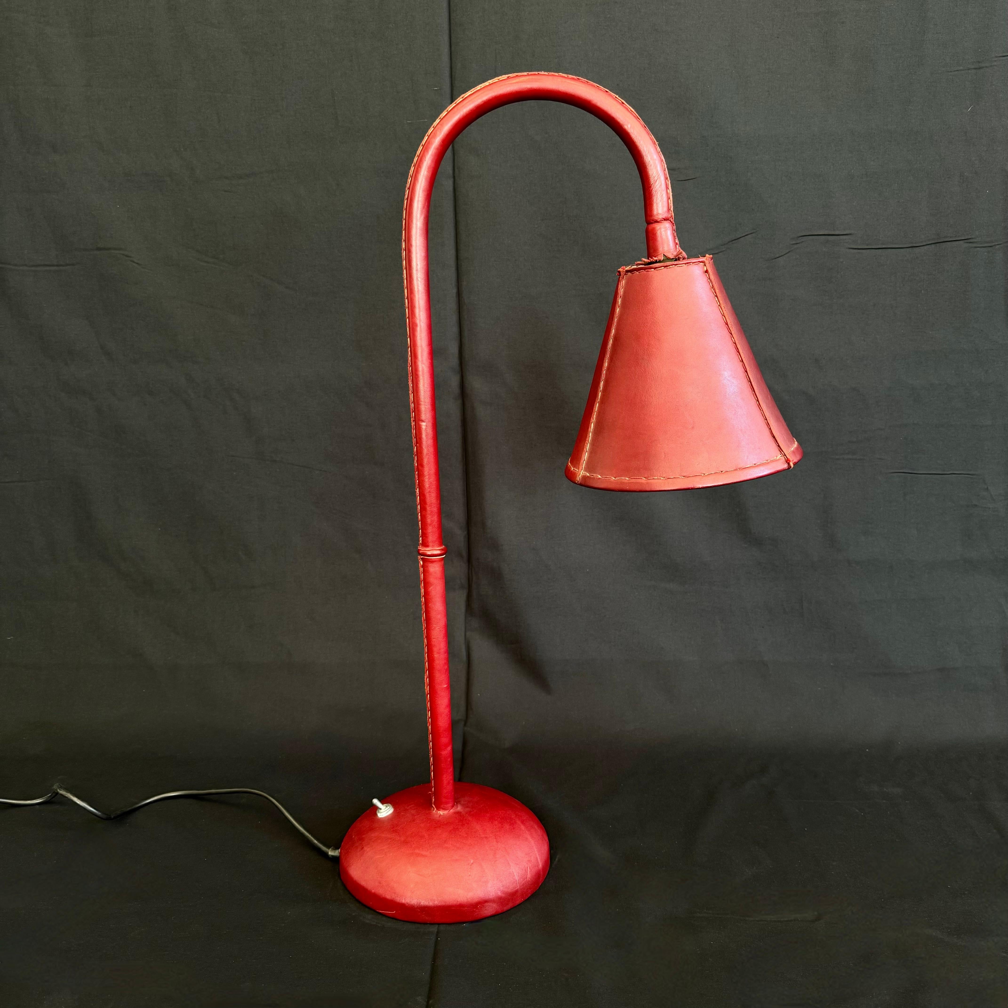 Oxblood Leather Table Lamp in the Style of Jacques Adnet, 1970s Spain In Good Condition For Sale In Los Angeles, CA