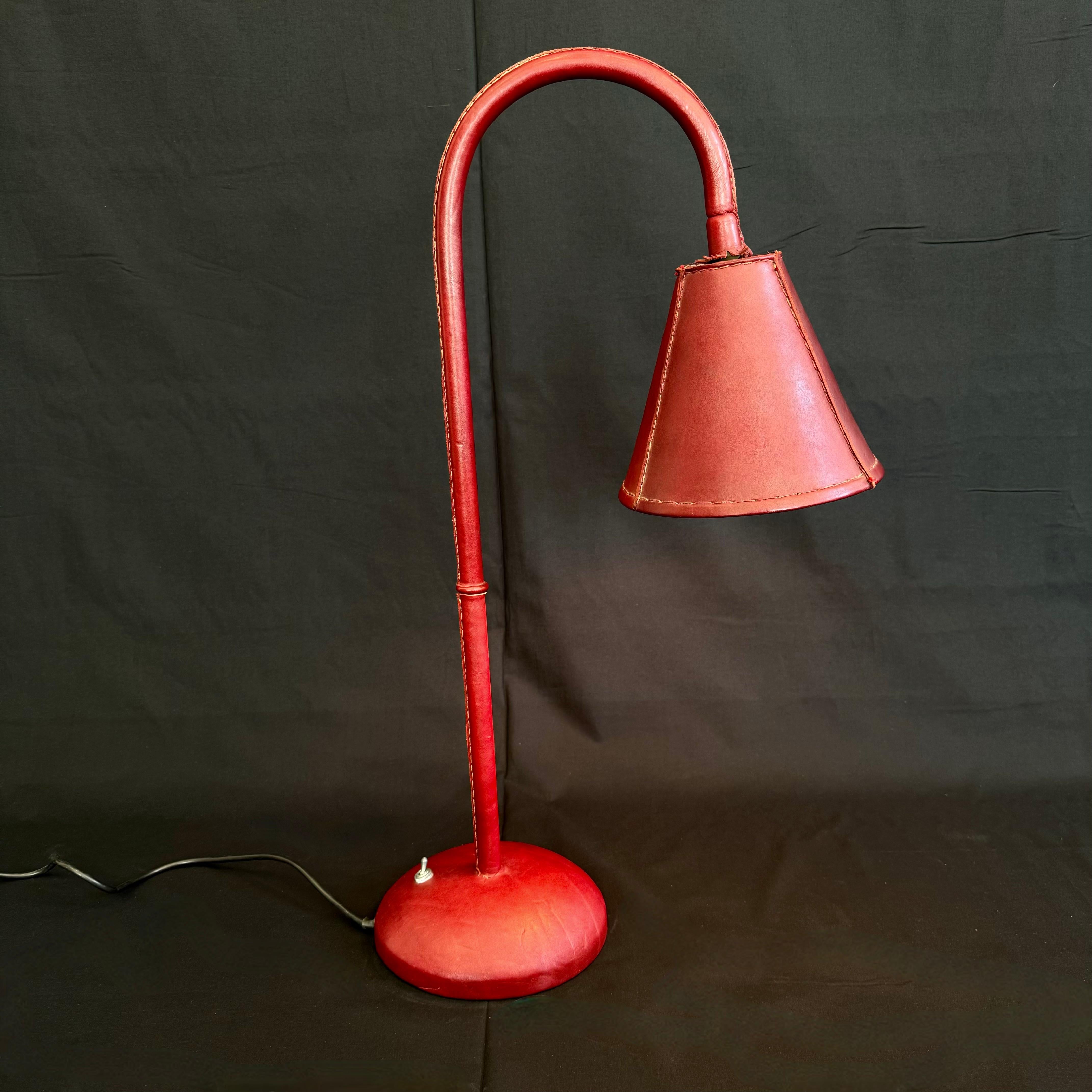 Late 20th Century Oxblood Leather Table Lamp in the Style of Jacques Adnet, 1970s Spain For Sale