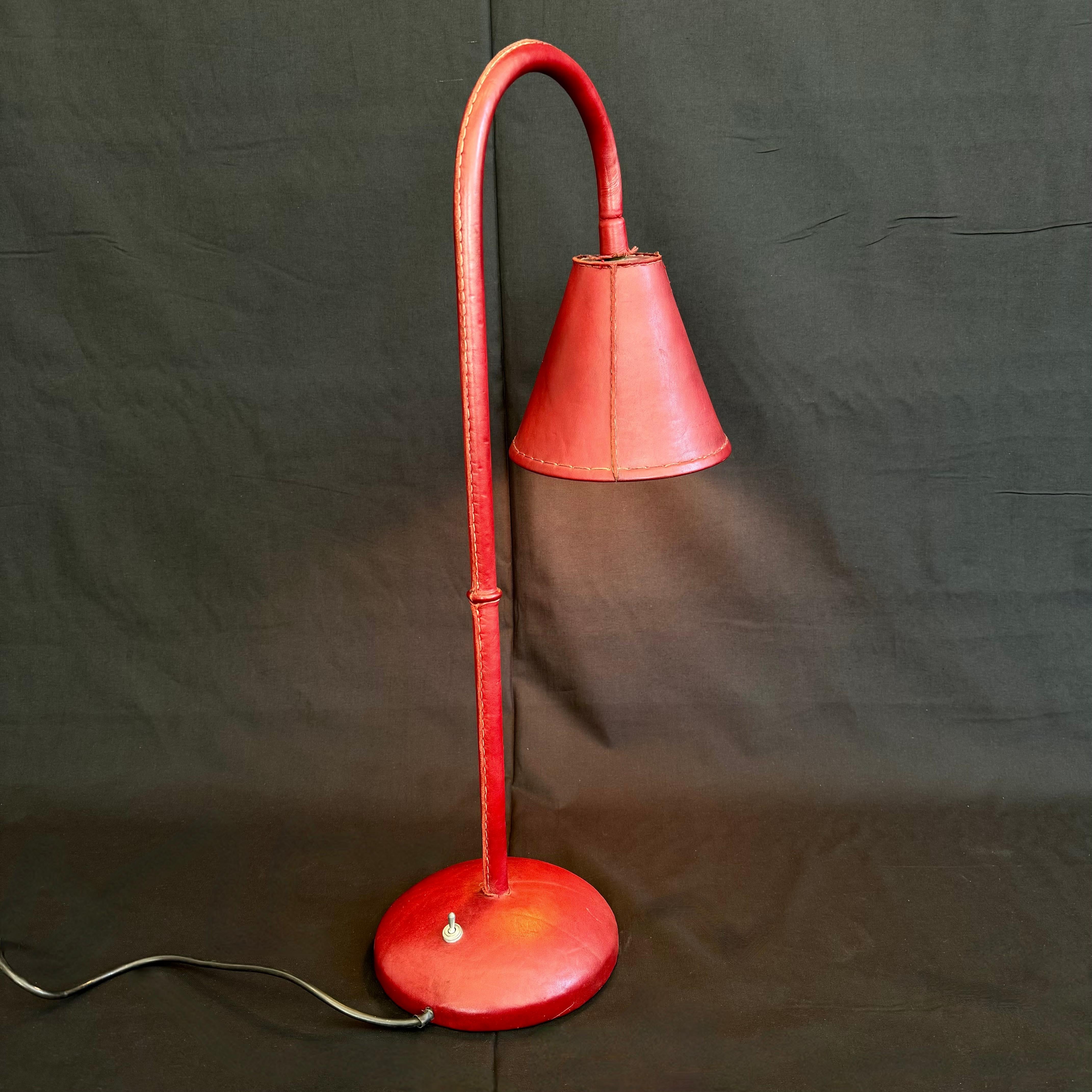 Metal Oxblood Leather Table Lamp in the Style of Jacques Adnet, 1970s Spain For Sale