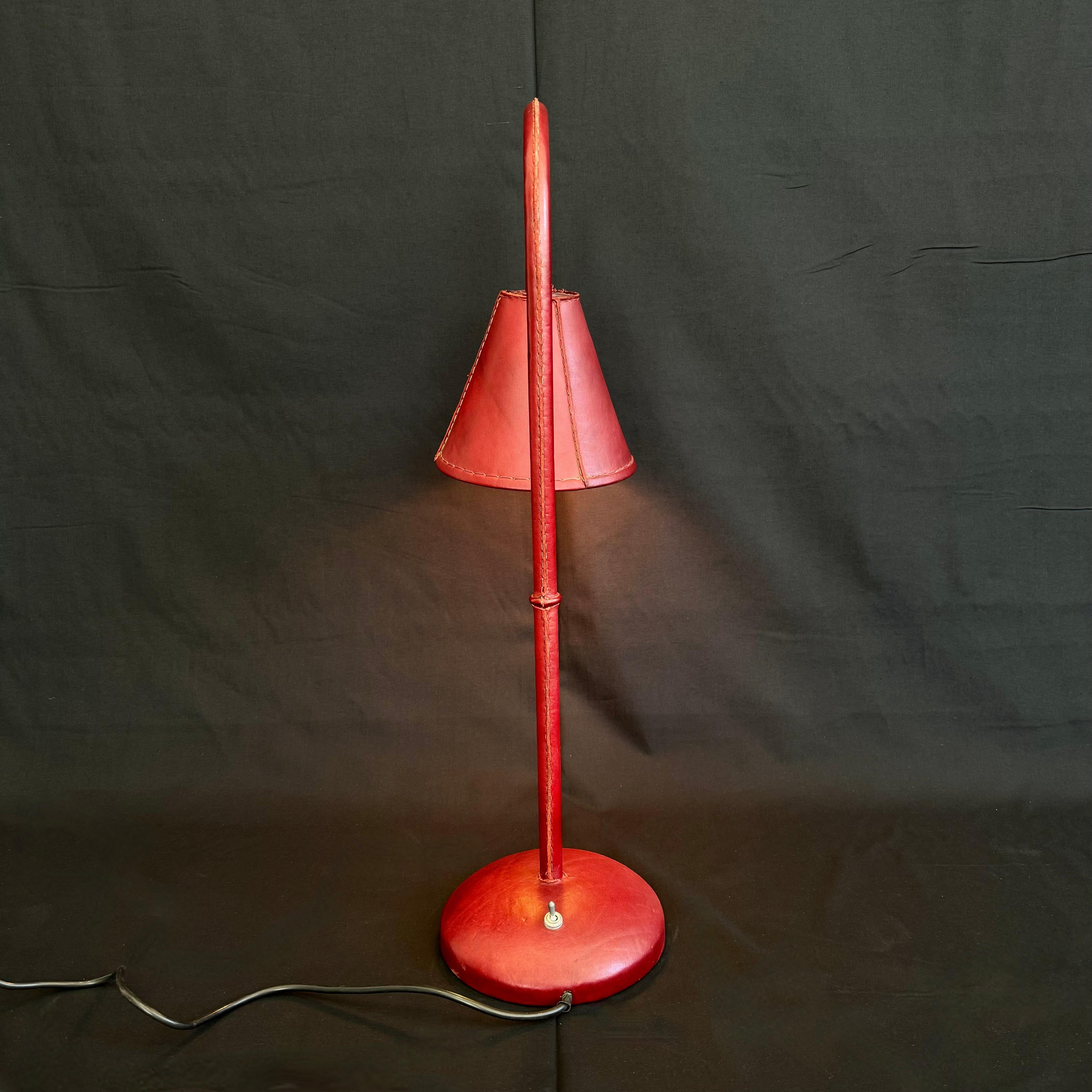Oxblood Leather Table Lamp in the Style of Jacques Adnet, 1970s Spain For Sale 1