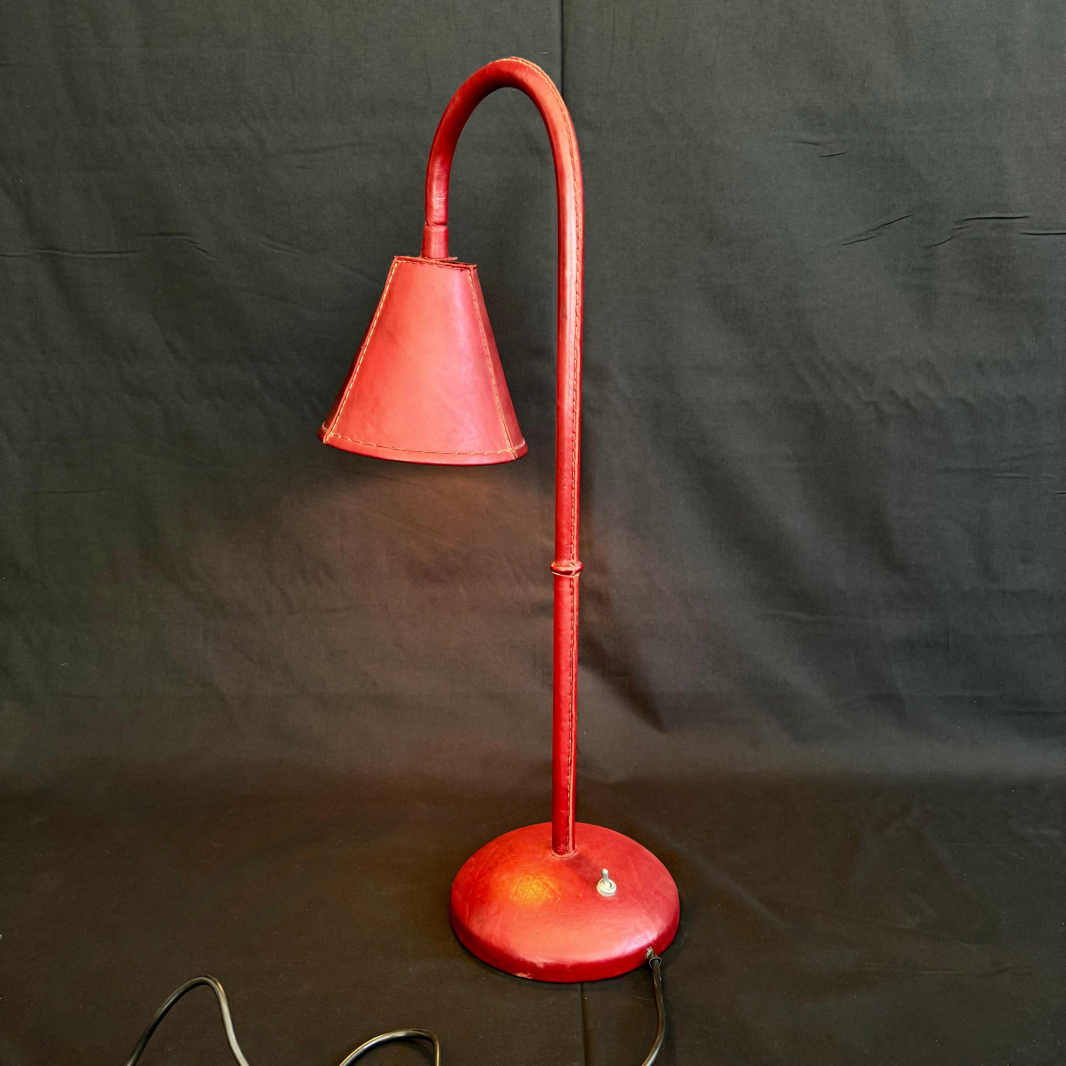Oxblood Leather Table Lamp in the Style of Jacques Adnet, 1970s Spain For Sale 2
