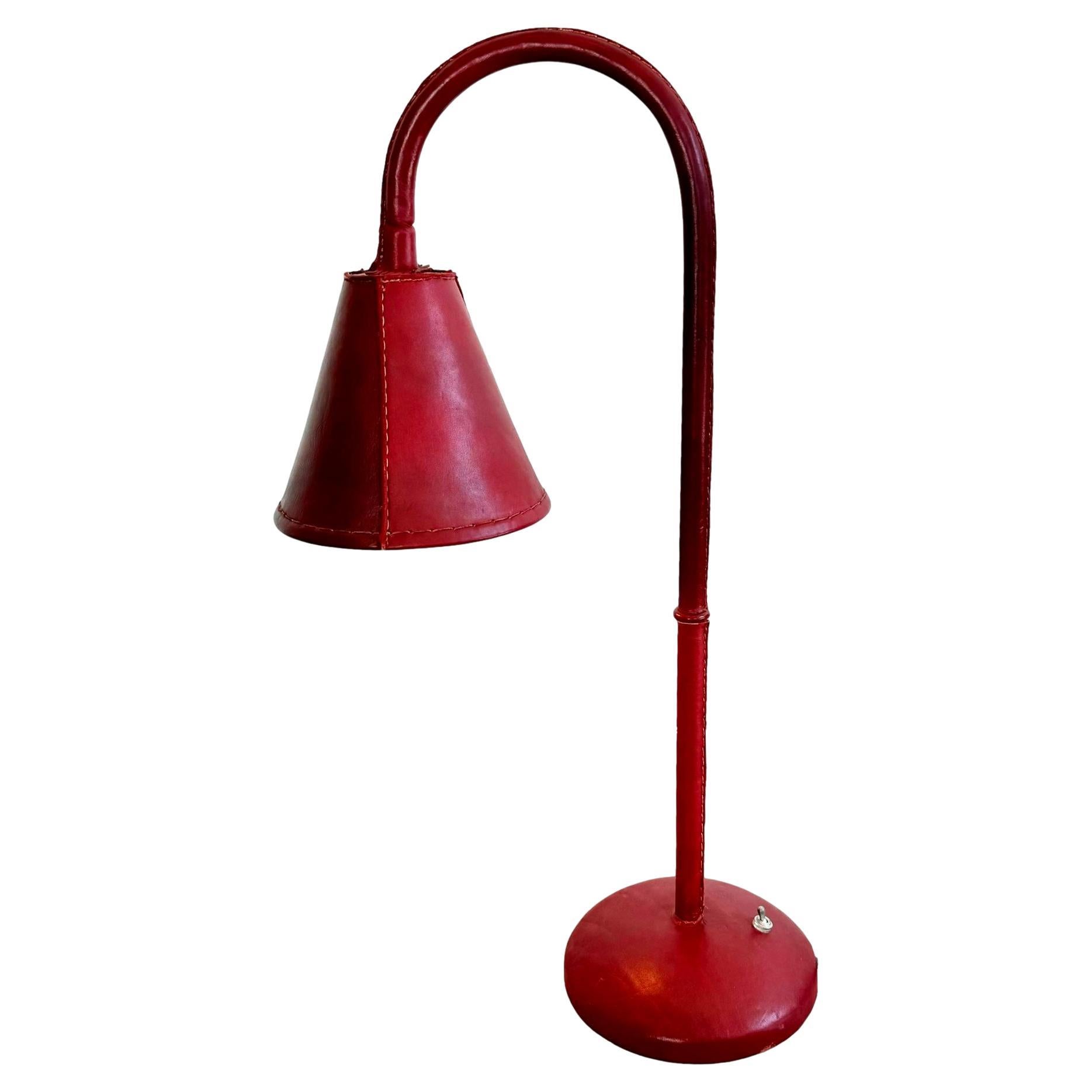 Oxblood Leather Table Lamp in the Style of Jacques Adnet, 1970s Spain