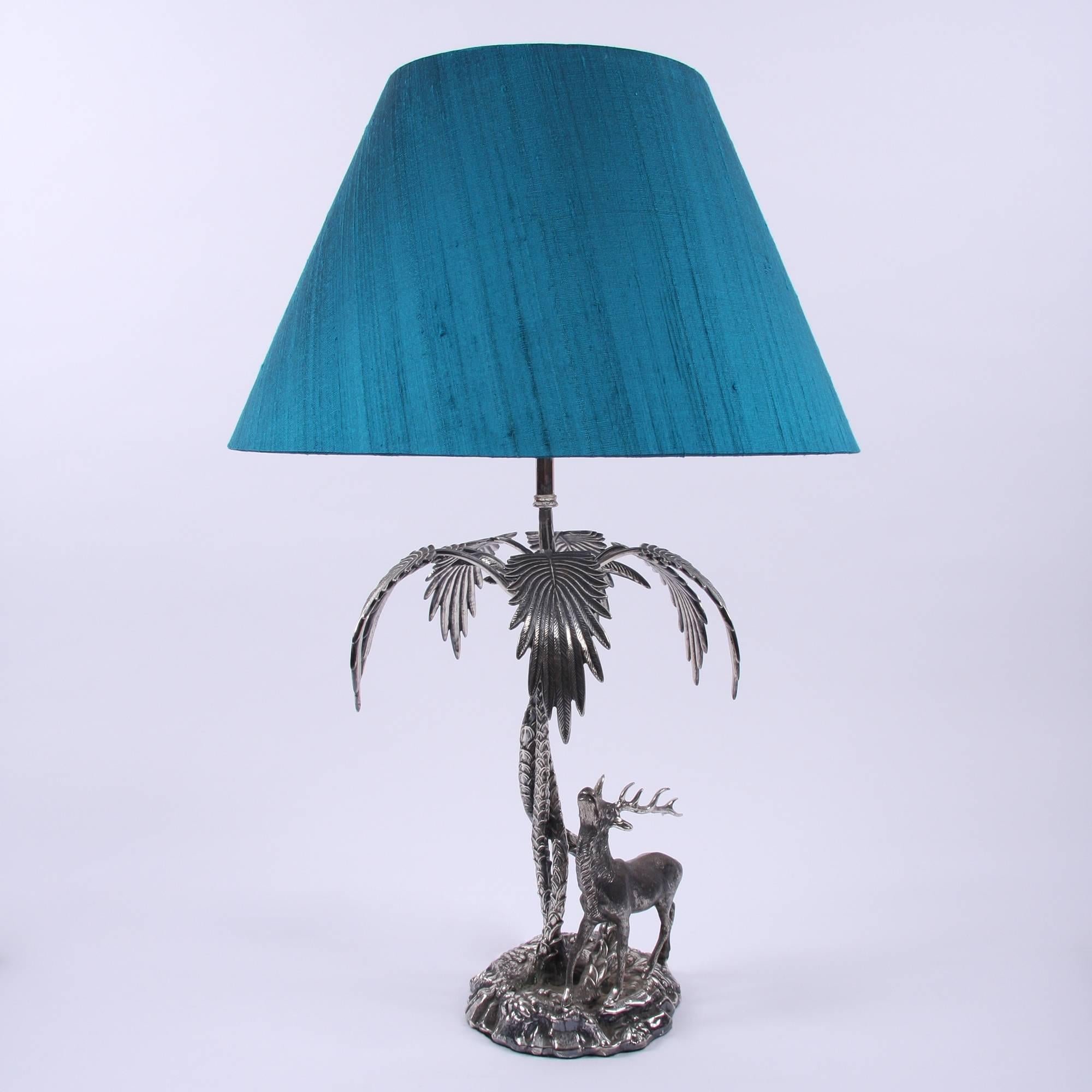 Beautiful sculptural silver plated stag and palm lamp with an incredibly detailed finish. 

Bespoke handmade silk lampshade.

Dimensions include the shades. 

Rewired and PAT tested.
