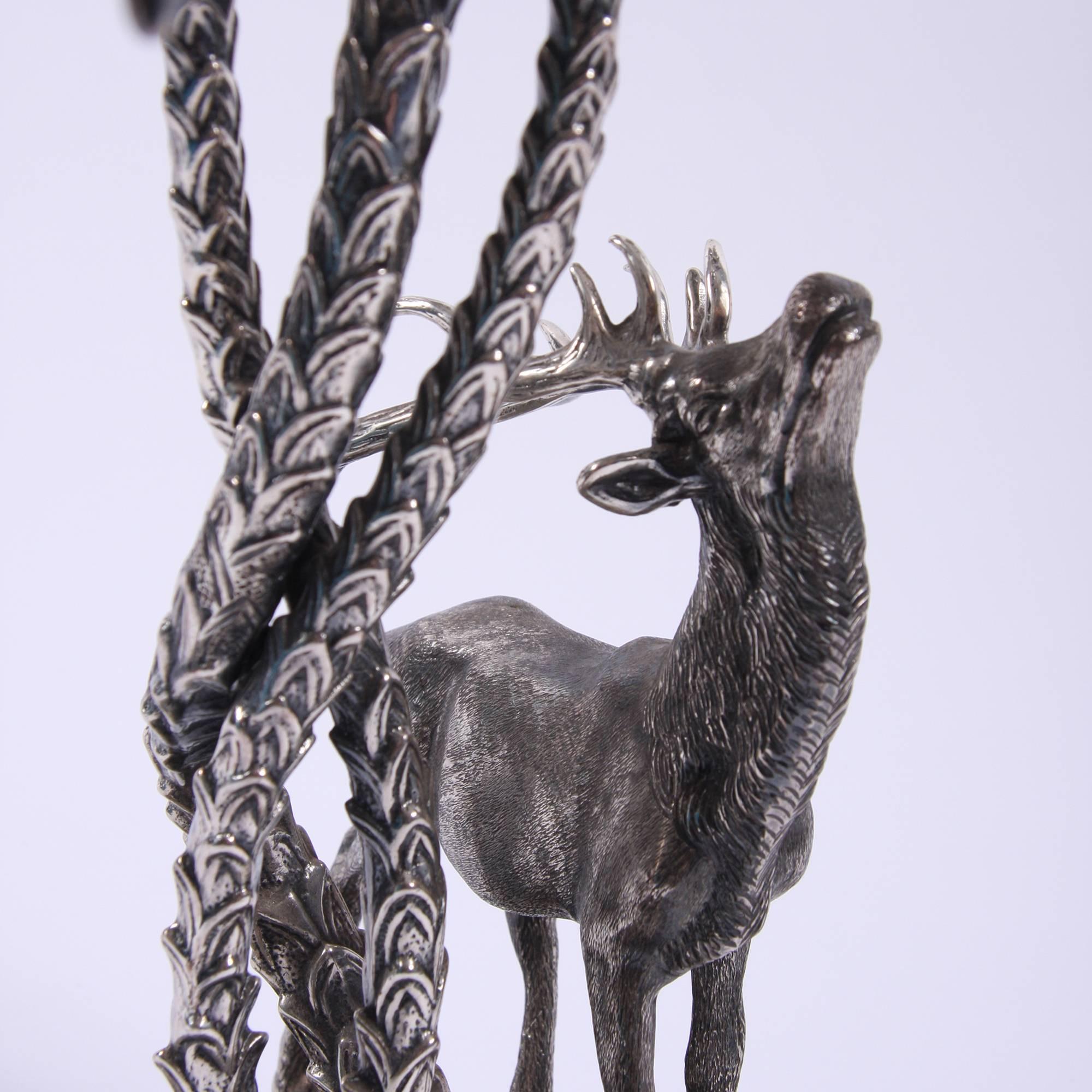 Valenti Silver Plated Bronze Stag and Palm Table Lamp In Good Condition For Sale In London, GB