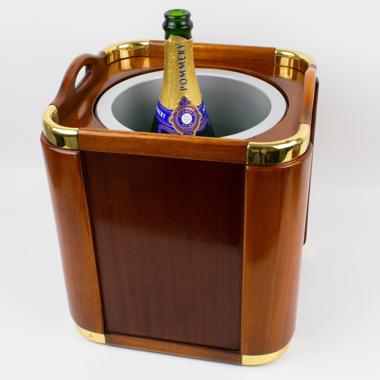 Valenti Spain 1960s Modernist Wood and Brass Ice Bucket Champagne Cooler 8