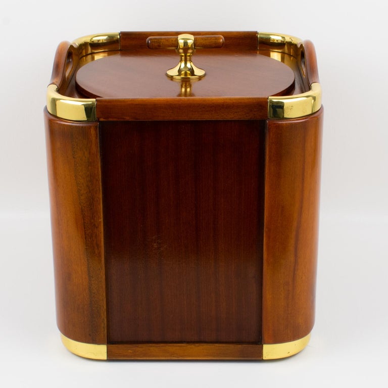 Spanish Valenti Spain 1960s Modernist Wood and Brass Ice Bucket Champagne Cooler For Sale