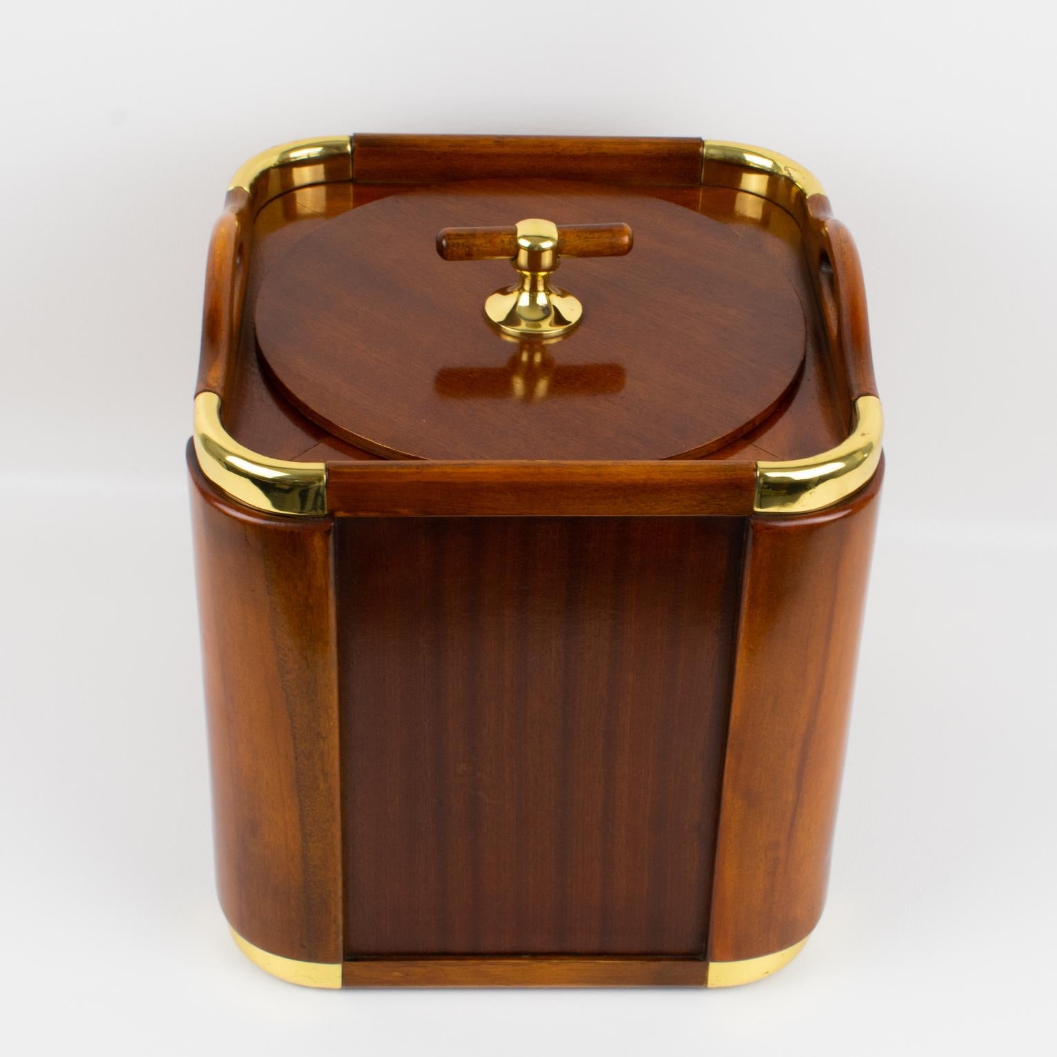 Valenti Spain 1960s Modernist Wood and Brass Ice Bucket Champagne Cooler In Good Condition In Atlanta, GA