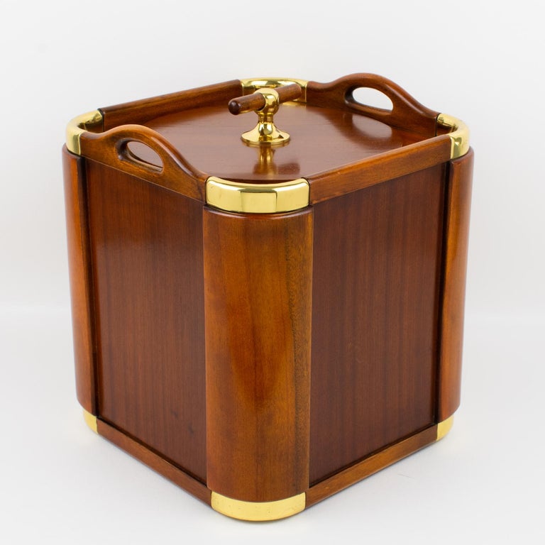 Mid-20th Century Valenti Spain 1960s Modernist Wood and Brass Ice Bucket Champagne Cooler For Sale