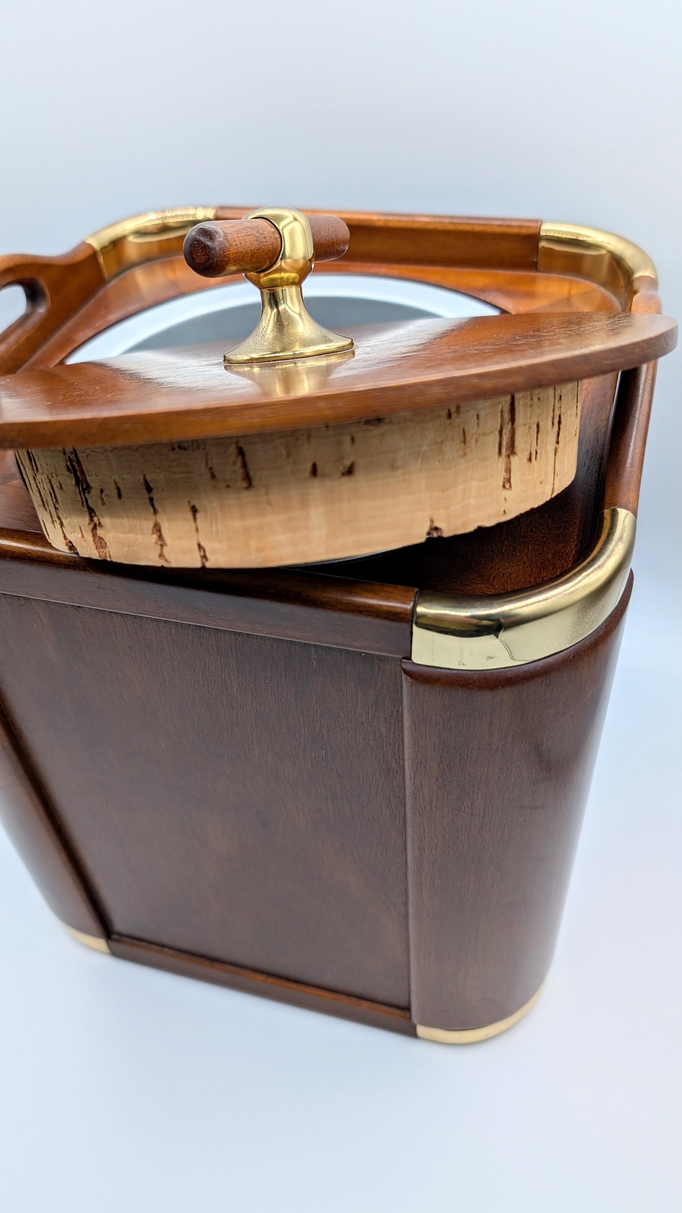 Valenti Spain 1970s Modernist Wood and Brass Ice Bucket Champagne Cooler For Sale 5