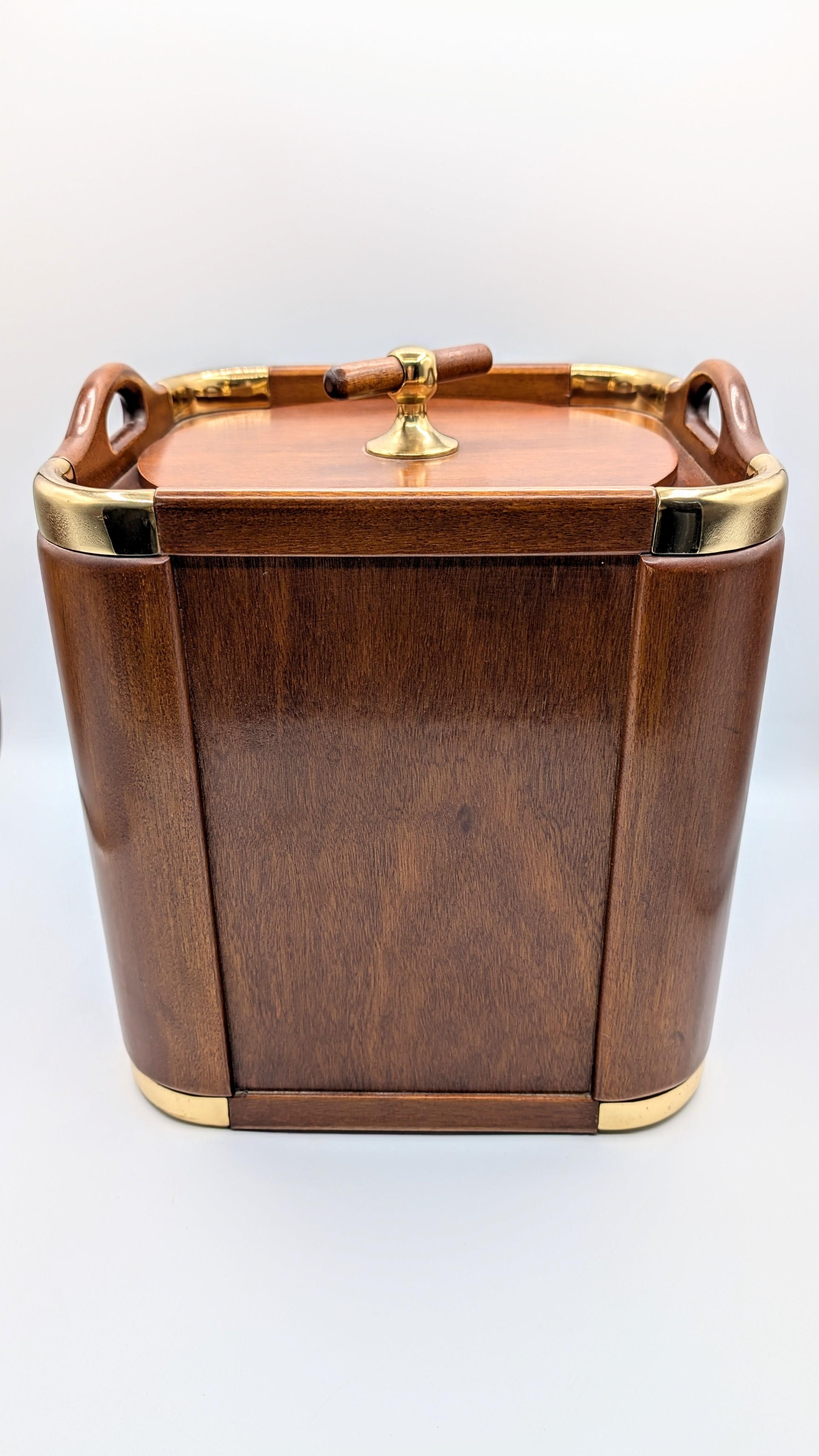Valenti Spain 1970s Modernist Wood and Brass Ice Bucket Champagne Cooler For Sale 6
