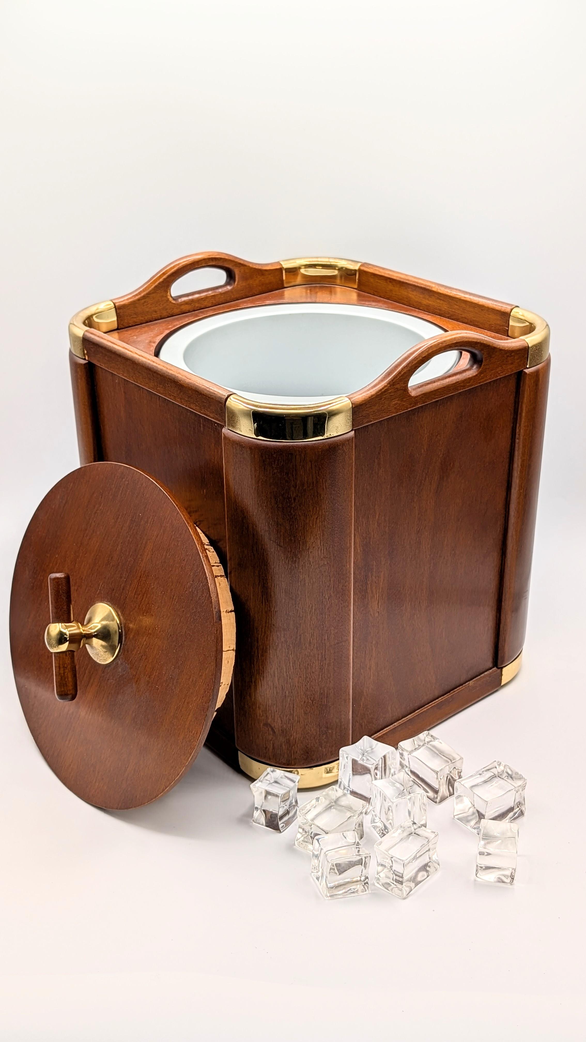 Spanish Valenti Spain 1970s Modernist Wood and Brass Ice Bucket Champagne Cooler For Sale