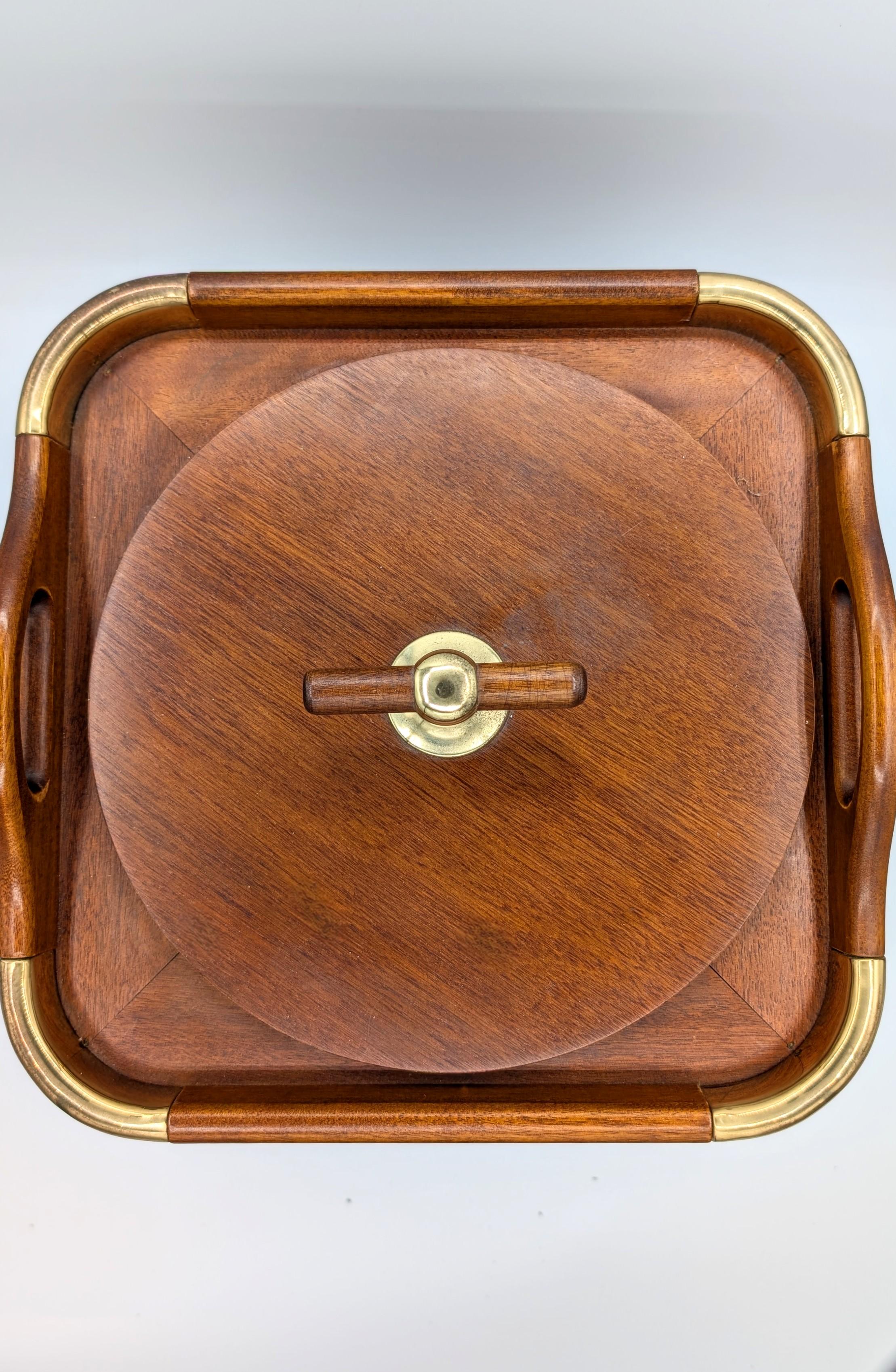 Valenti Spain 1970s Modernist Wood and Brass Ice Bucket Champagne Cooler For Sale 1
