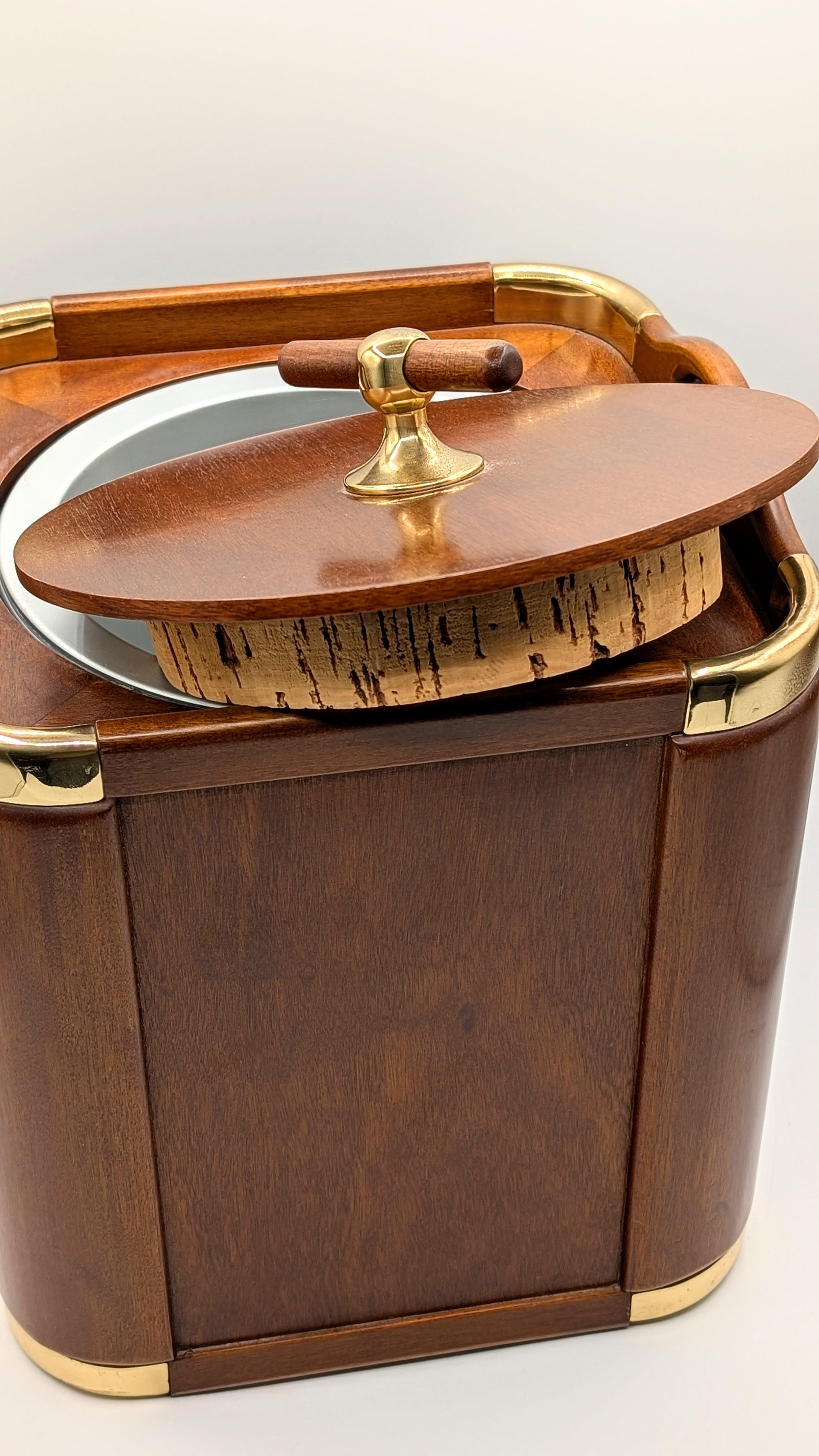 Valenti Spain 1970s Modernist Wood and Brass Ice Bucket Champagne Cooler For Sale 3