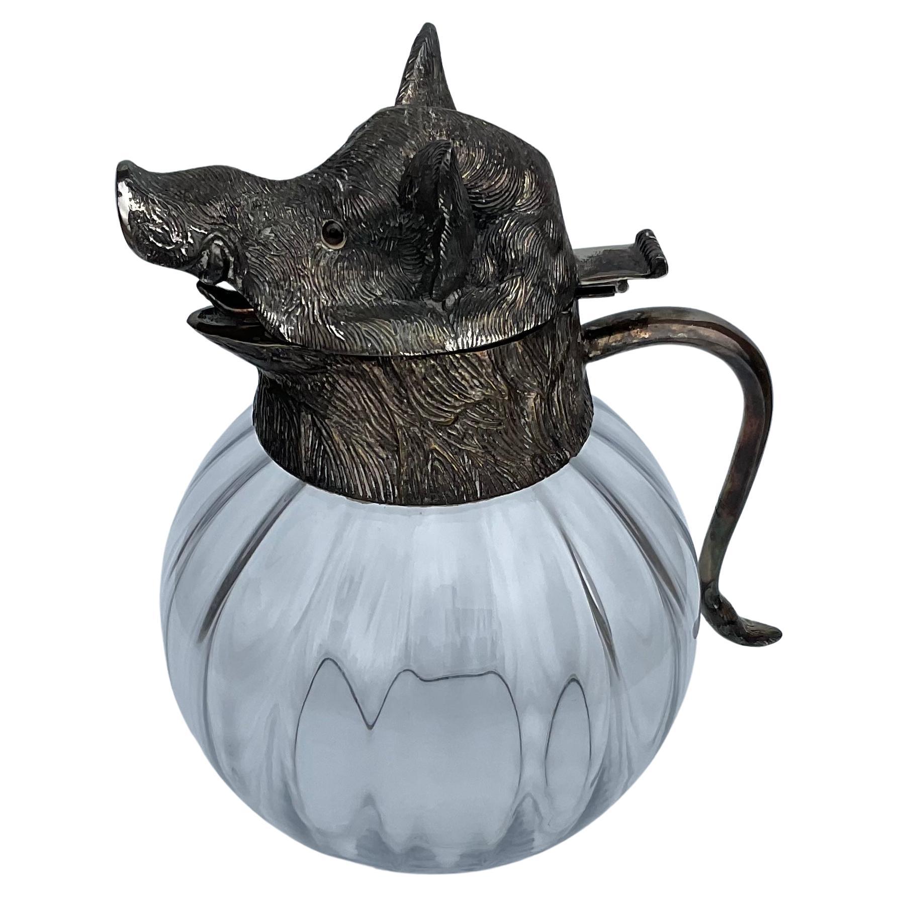 Valenti Spain Boar Head Pitcher in glass and Silver Plate Signed as shown. Nice size and great display piece.