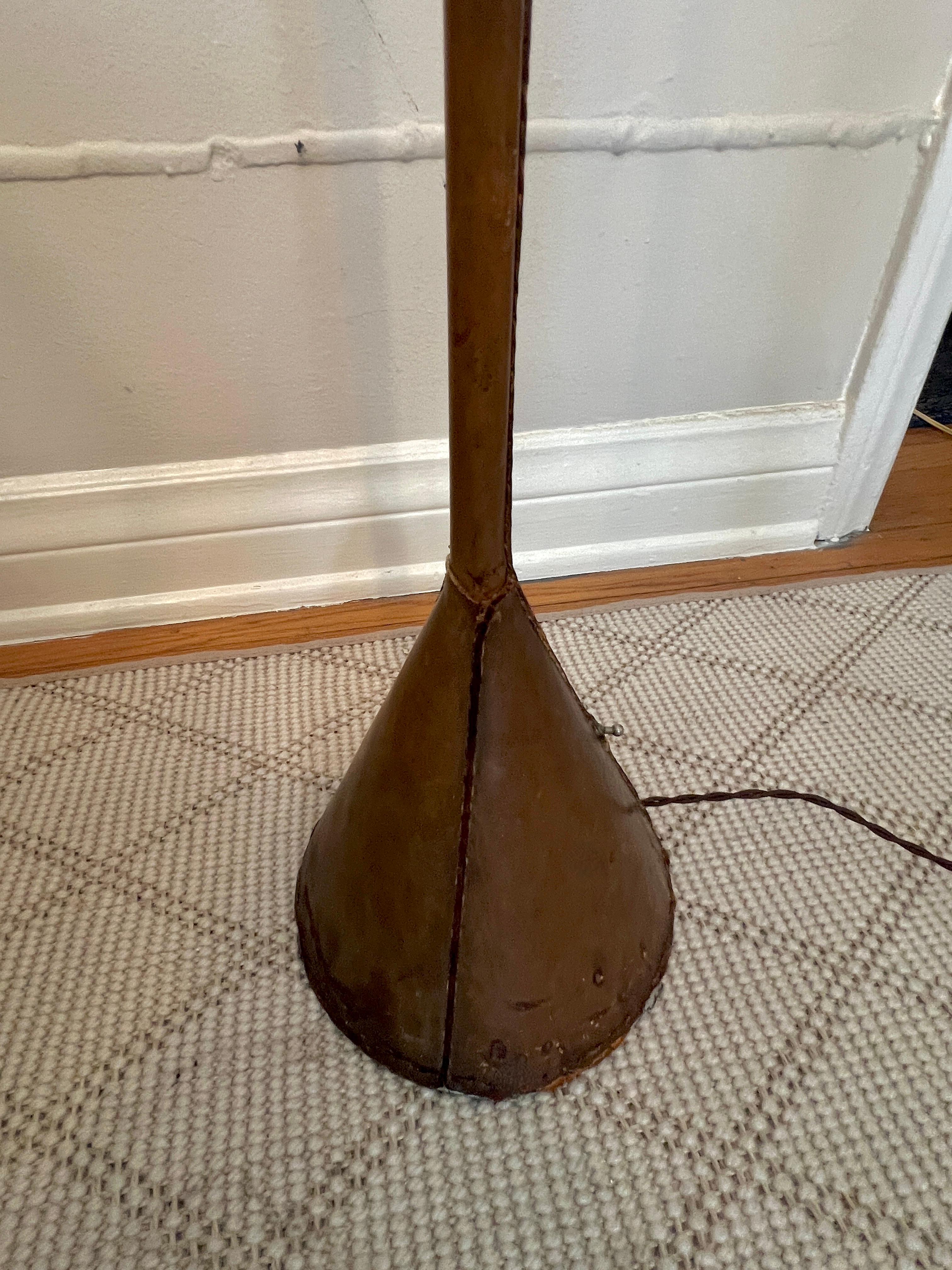Valenti Spain Patinated Brown Leather Floor Lamp Attributed to Jacques Adnet For Sale 1