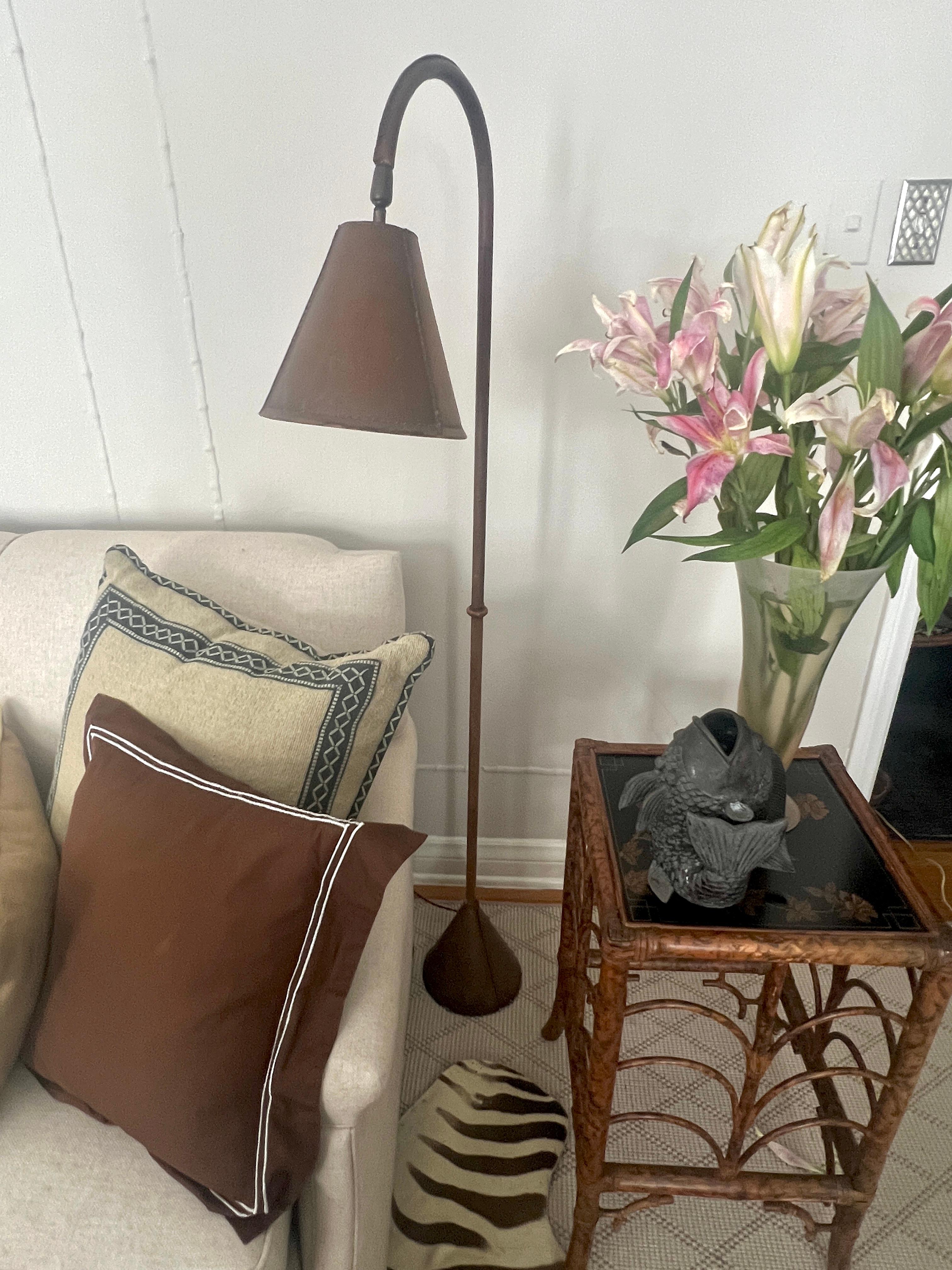 A phenomenal Floor lamp with hand stitched base, stand and shade, attributed to Jacques Adnet.  

The Leather is beautifully patinated, rich with deep brown tones and markings that lend itself to the character and places this lamp has lived, the