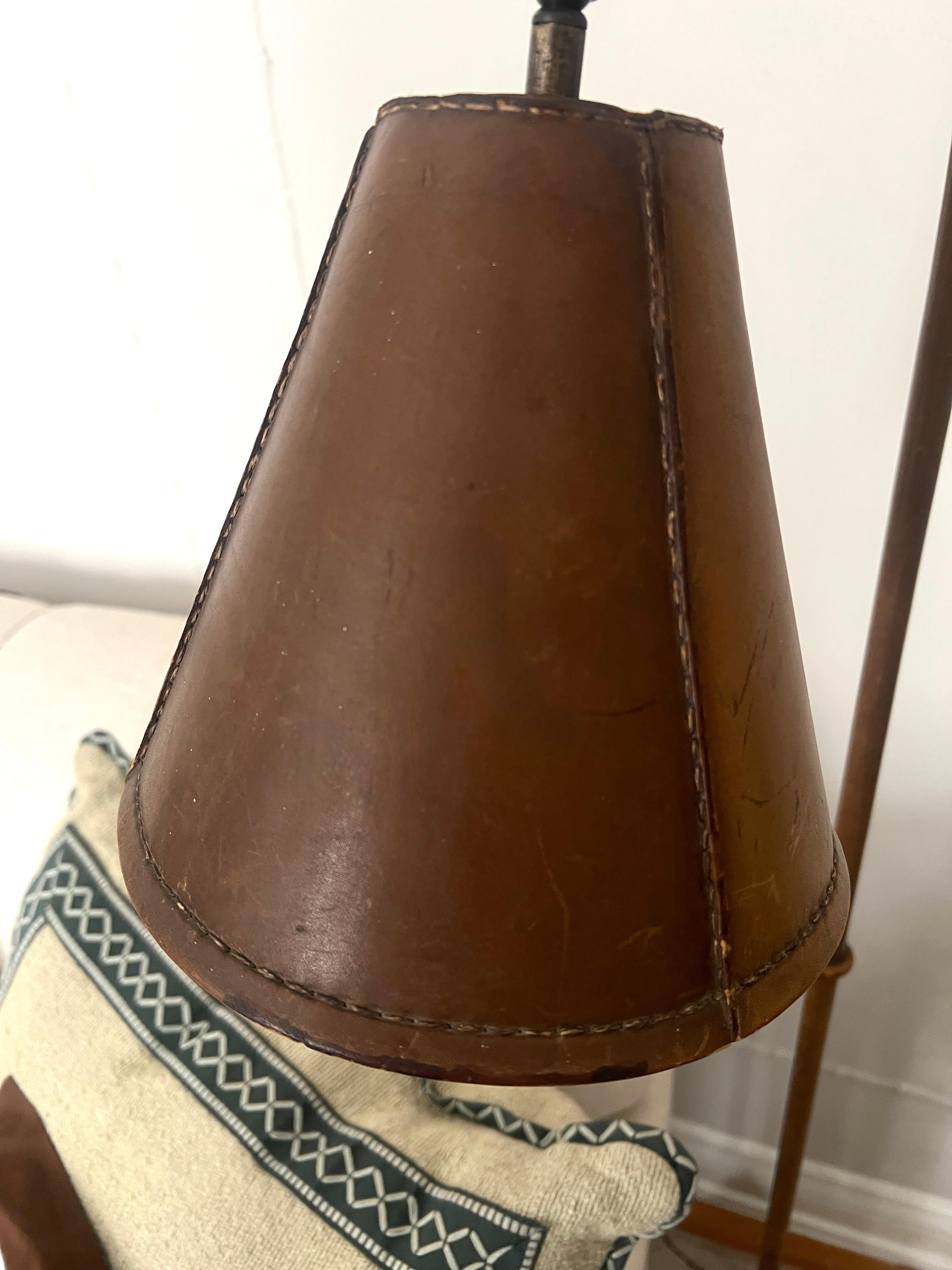 Mid-Century Modern Valenti Spain Patinated Brown Leather Floor Lamp Attributed to Jacques Adnet For Sale