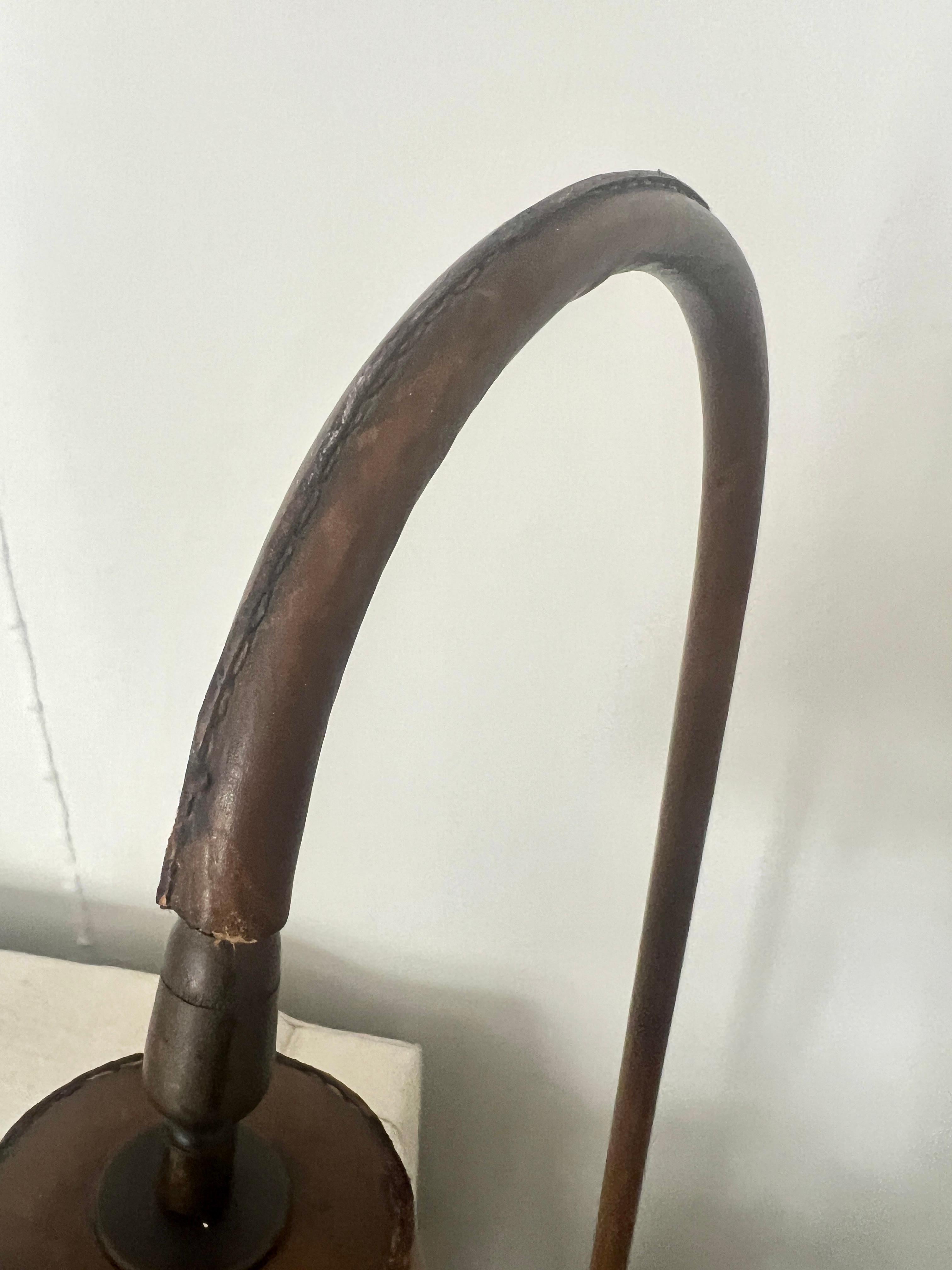 Hand-Crafted Valenti Spain Patinated Brown Leather Floor Lamp Attributed to Jacques Adnet For Sale