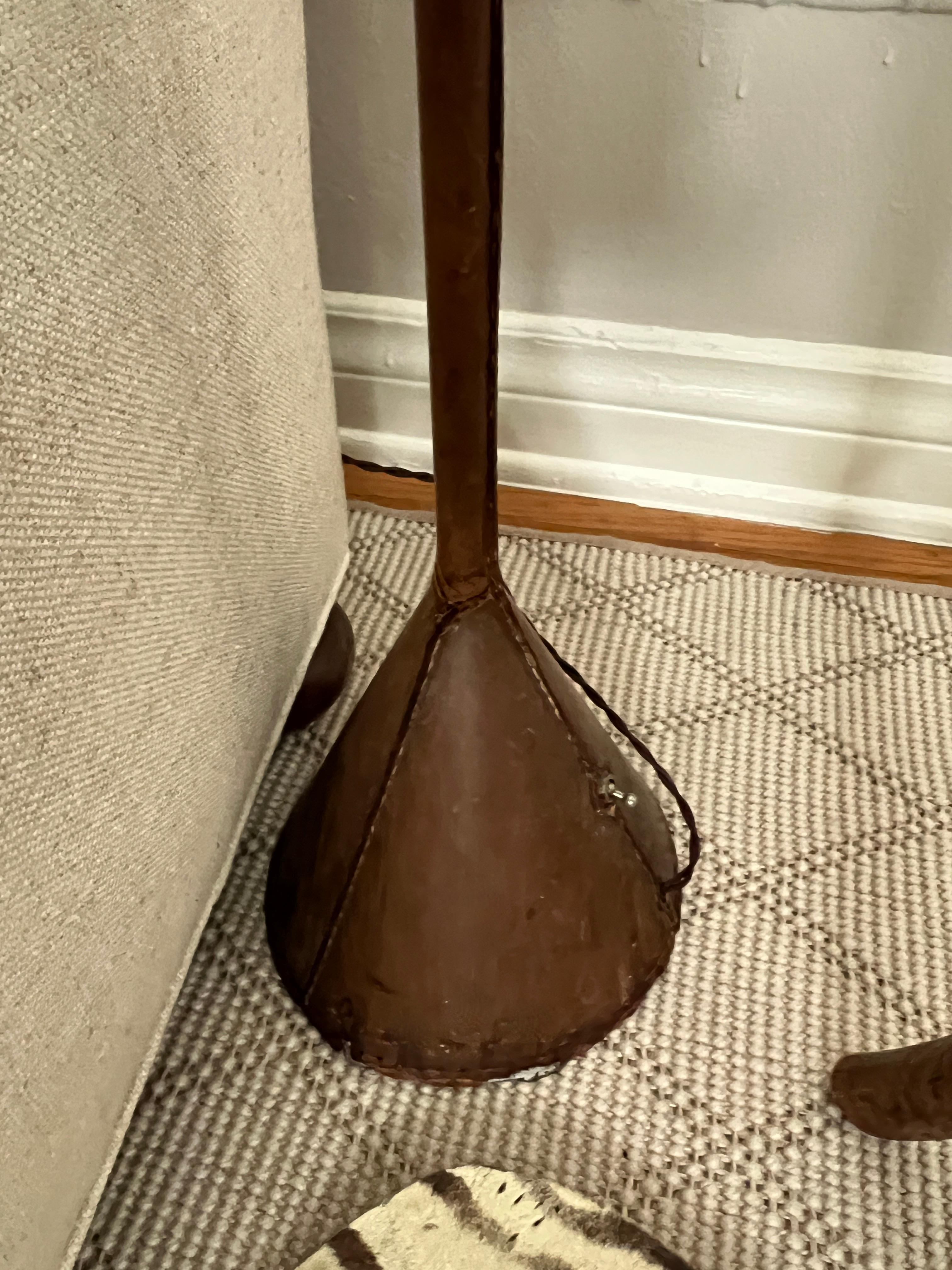 Valenti Spain Patinated Brown Leather Floor Lamp Attributed to Jacques Adnet In Good Condition For Sale In Los Angeles, CA