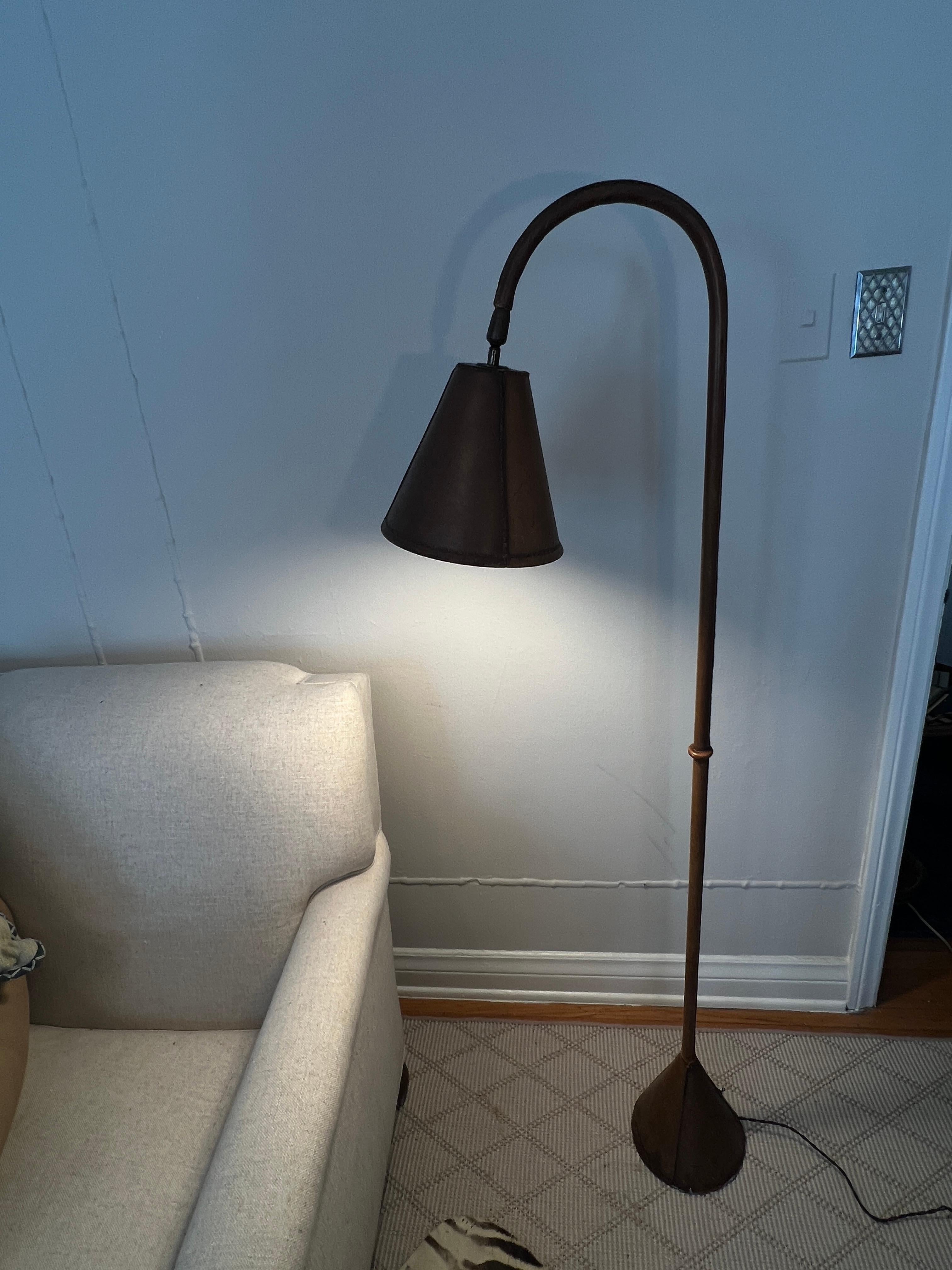 20th Century Valenti Spain Patinated Brown Leather Floor Lamp Attributed to Jacques Adnet For Sale