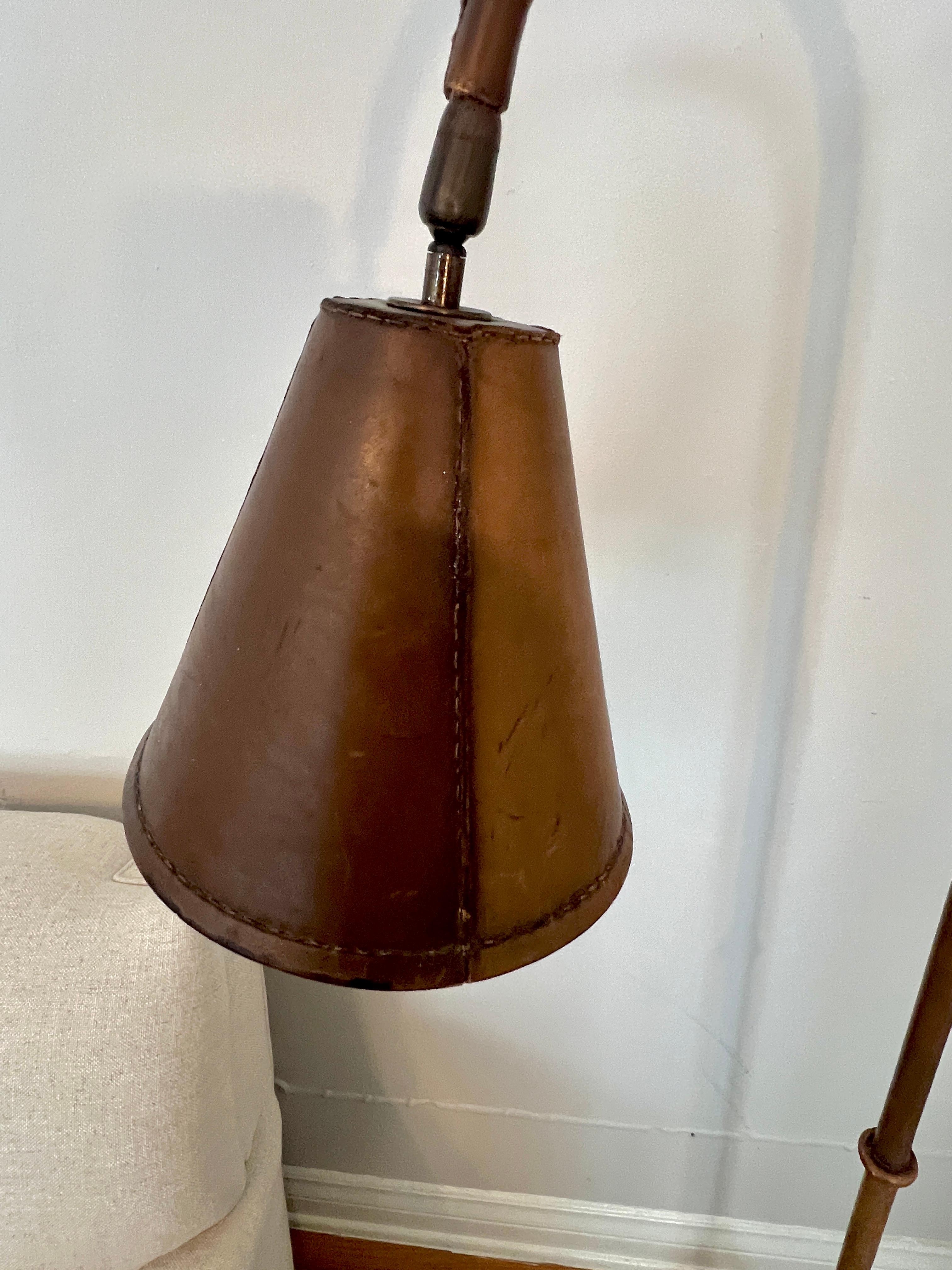 Metal Valenti Spain Patinated Brown Leather Floor Lamp Attributed to Jacques Adnet For Sale
