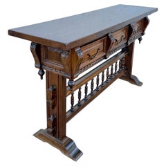 Valenti Spanish Carved Wood Console Table with Drawers and Turned Spindles